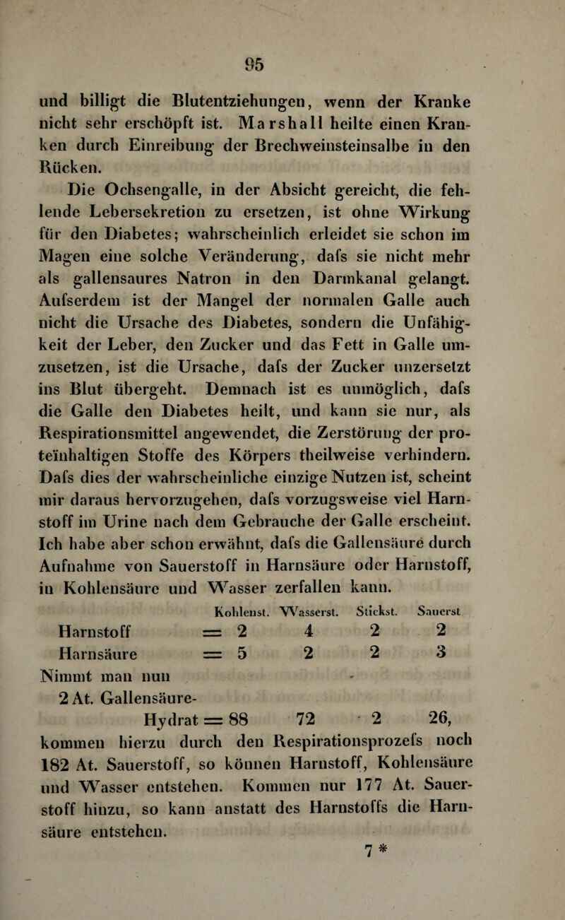 und billigt die Blutentziehungen, wenn der Kranke nicht sehr erschöpft ist. Marshall heilte einen Kran¬ ken durch Einreibung der Brechweinsteinsalbe in den Bücken. Die Ochsengalle, in der Absicht gereicht, die feh¬ lende Lebersekretion zu ersetzen, ist ohne Wirkung für den Diabetes; wahrscheinlich erleidet sie schon im Magen eine solche Veränderung, dafs sie nicht mehr als gallensaures Natron in den Darmkanal gelangt. Aufserdem ist der Mangel der normalen Galle auch nicht die Ursache des Diabetes, sondern die Unfähig¬ keit der Leber, den Zucker und das Fett in Galle um¬ zusetzen, ist die Ursache, dafs der Zucker unzerselzt ins Blut übergeht. Demnach ist es unmöglich, dafs die Galle den Diabetes heilt, und kann sie nur, als Respirationsmittel angewendet, die Zerstörung der pro¬ teinhaltigen Stoffe des Körpers theilweise verhindern. Dafs dies der wahrscheinliche einzige Nutzen ist, scheint mir daraus hervorzugehen, dafs vorzugsweise viel Harn¬ stoff im Urine nach dem Gebrauche der Galle erscheint. Ich habe aber schon erwähnt, dafs die Gallensäure durch Aufnahme von Sauerstoff in Harnsäure oder Harnstoff, in Kohlensäure und Wasser zerfallen kann. Kolileust. VN^asserst. Stickst. Sauerst Harnstoff = 2 4 2 2 Harnsäure = 5 2 2 3 Nimmt man nun 2At. Gallensäure- Hydrat =88 72 2 26, kommen hierzu durch den Respirationsprozefs noch 182 At. Sauerstoff, so können Harnstoff, Kohlensäure und W^asser entstehen. Kommen nur 177 At. Sauer¬ stoff hinzu, so kann anstatt des Harnstolfs die Harn¬ säure entstehen. 7*