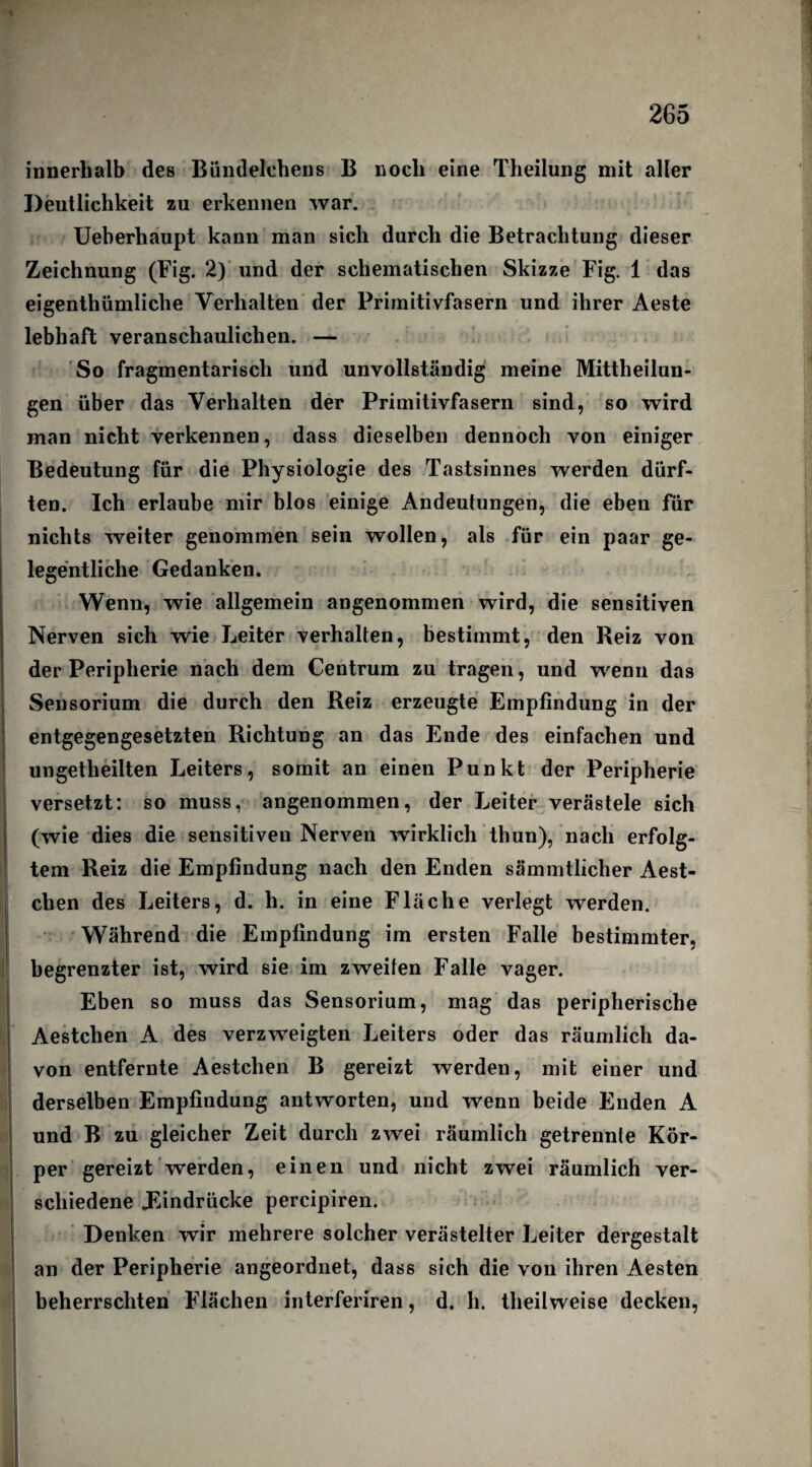 innerhalb des Bündelehens B noch eine Theilung mit aller Deutlichkeit zu erkennen war. Ueberhaupt kann man sich durch die Betrachtung dieser Zeichnung (Fig. 2) und der schematischen Skizze Fig. 1 das eigentümliche Verhalten der Primitivfasern und ihrer Aeste lebhaft veranschaulichen. — So fragmentarisch und unvollständig meine Mittheilun¬ gen über das Verhalten der Primitivfasern sind, so wird man nicht verkennen, dass dieselben dennoch von einiger Bedeutung für die Physiologie des Tastsinnes werden dürf¬ ten. Ich erlaube mir blos einige Andeutungen, die eben für nichts weiter genommen sein wollen, als für ein paar ge¬ legentliche Gedanken. Wenn, wie allgemein angenommen wird, die sensitiven Nerven sich wie Leiter verhalten, bestimmt, den Reiz von der Peripherie nach dem Centrum zu tragen, und wenn das Sensorium die durch den Reiz erzeugte Empfindung in der entgegengesetzten Richtung an das Ende des einfachen und ungetheilten Leiters, somit an einen Punkt der Peripherie versetzt: so muss, angenommen, der Leiter verästele sich (wie dies die sensitiven Nerven wirklich thun), nach erfolg¬ tem Reiz die Empfindung nach den Enden sämmtlicher Aest- chen des Leiters, d. h. in eine Fläche verlegt werden. Während die Empfindung im ersten Falle bestimmter, begrenzter ist, wird sie im zweiten Falle vager. Eben so muss das Sensorium, mag das peripherische Aestchen A des verzweigten Leiters oder das räumlich da¬ von entfernte Aestchen B gereizt werden, mit einer und derselben Empfindung antworten, und wenn beide Enden A und B zu gleicher Zeit durch zwei räumlich getrennte Kör¬ per gereizt werden, einen und nicht zwei räumlich ver¬ schiedene .Eindrücke percipiren. Denken wir mehrere solcher verästelter Leiter dergestalt an der Peripherie angeordnet, dass sich die von ihren Aesten beherrschten Flächen interferiren, d. h. theilweise decken,