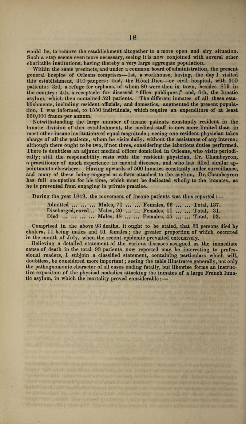 would be, to remove the establishment altogether to a more open and airy situation. Such a step seems even more necessary, seeing it is now conjoined with several other charitable institutions, having thereby a very large aggregate population. Within the same precincts, and under a common board of administration, the present general hospice of Orleans comprises—1st, a workhouse, having, the day I visited this establishment, 310 paupers: 2nd, the Hotel Dieu—or civil hospital, with 300 patients: 3rd, a refuge for orphans, of whom 80 were then in town, besides 819 in the country: 4th, a receptacle for diseased “lilies publiques;” and, 6th, the lunatic asylum, which then contained 521 patients. The different inmates of all these esta¬ blishments, including resident officials, and domestics, augmented the present popula¬ tion, I was informed, to 1550 individuals, which require an expenditure of at least 550,000 francs per annum. Notwithstanding the large number of insane patients constantly resident in the lunatic division of this establishment, the medical staff is now more limited than in most other insane institutions of equal magnitude ; seeing one resident physician takes charge of all the patients, whom he visits daily, without the assistance of any interne; although there ought to be two, if not three, considering the laborious duties performed. There is doubtless an adjunct medical officer domiciled in Orleans, who visits periodi¬ cally; still the responsibility rests with the resident physician, Dr. Chambeyron, a practitioner of much experience in mental diseases, and who has filled similar ap¬ pointments elsewhere. Having upwards of 500 lunatics constantly under surveillance, and many of these being engaged at a farm attached to the asylum, Dr. Chambeyron has full occupation for his time, which must be dedicated wholly to the inmates, as he is prevented from engaging in private practice. During the year 1849, the movement of insane patients was thus reported:— Admitted.Males, 71.Females, 66 .Total, 137. Discharged,cured... Males, 20 .Females, 11 . Total, 31. Died .Males, 48 .Females, 45 .Total, 93. Comprised in the above 93 deaths, it ought to be stated, that 32 persons died by cholera, 11 being males and 21 females; the greater proportion of which occurred in the month of July, when the recent epidemic prevailed extensively. Believing a detailed statement of the various diseases assigned as the immediate cause of death in the total 93 patients now reported may be interesting to profes¬ sional readers, I subjoin a classified statement, containing particulars which will, doubtless, be considered more important; seeing the table illustrates generally, not only the pathognomonic character of all cases ending fatally, but likewise forms an instruc¬ tive exposition of the physical maladies attacking the inmates of a large French luna¬ tic asylum, in which the mortality proved considerable:—