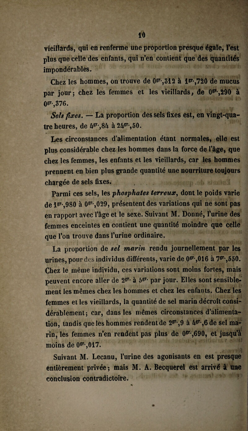 vieillards, qui en renferme une proportion presque égale, l’est plus que celle des enfants, qui n’en contient que des quantités impondérables. Chez les hommes, on trouve de 0^,312 à 1^,720 de mucus par jour; chez les femmes et les vieillards, de 0^,200 à 0^,376. Sels fixes. — La proportion des sels fixes est, en vingt-qua¬ tre heures, de U&'fik à 24^,50. 9 ' J ■ i ' 1 ■' Les circonstances d’alimentation étant normales, elle est plus considérable chez les hommes dans la force de l’âge, que chez les femmes, les enfants et les vieillards, car les hommes prennent en bien plus grande quantité une nourriture toujours chargée de sels fixes. Parmi ces sels, les 'phosphates terreux, dont le poids varie de l&r-,980 à 0gr-,029, présentent des variations qui ne sont pas en rapport avec l’âge et le sexe. Suivant M. Donné, l’urine des femmes enceintes en contient une quantité moindre que celle que l’on trouve dans l’urine ordinaire. La proportion de sel marin rendu journellement par les urines, pour des individus différents, varie de 0gr,,016 à 7gr,,550. Chez le même individu, ces variations sont moins fortes, mais peuvent encore aller de 2^- à 5gr* par jour. Elles sont sensible¬ ment les mêmes chez les hommes et chez les enfants. Chez les femmes et les vieillards, la quantité de sel marin décroît consi¬ dérablement; car, dans les mêmes circonstances d’alimenta¬ tion, tandis que les hommes rendent de 2gr,,9 à 4^,6 dë sel ma¬ rin, les femmes n’en rendent pas plus de O6*,690, et jusqu’à moins de 0gr*,017. Suivant M. Lecanu, l’urine des agonisants en est presque entièrement privée; mais M. A. Becquerel est arrivé à une conclusion contradictoire.