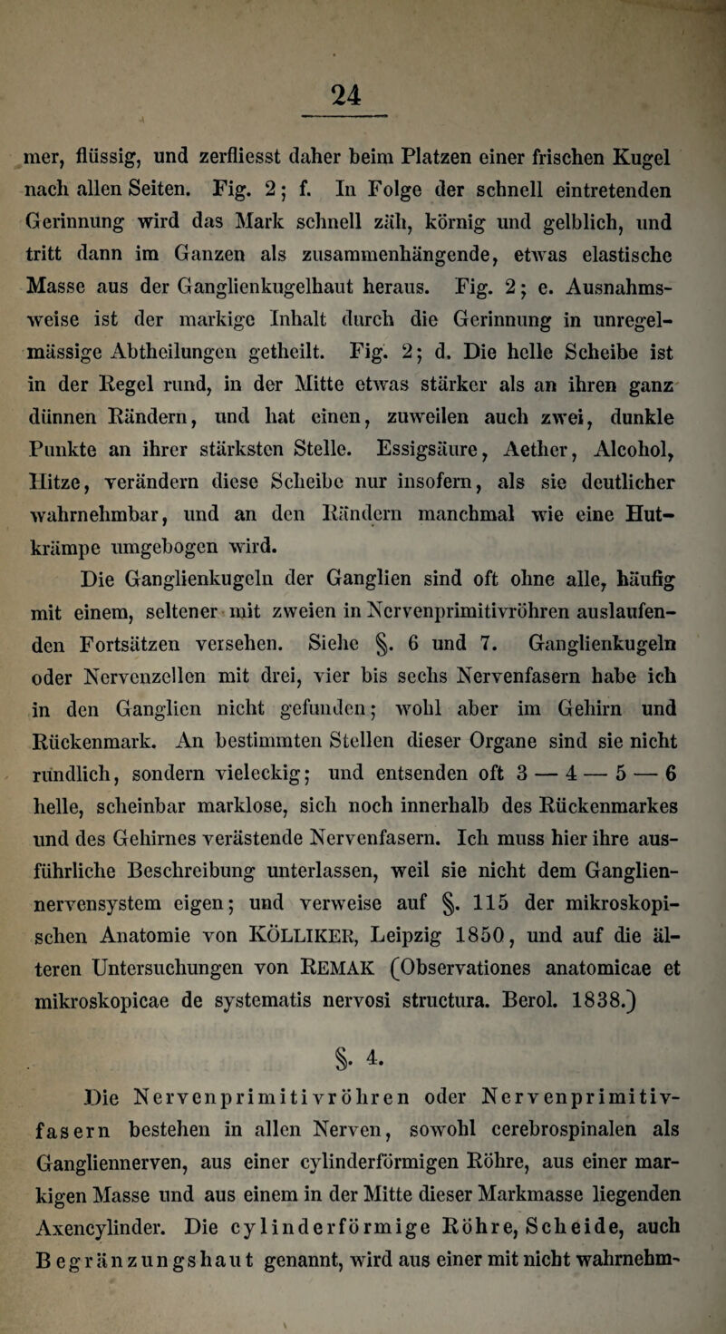 4 mer, flüssig, und zerfliesst daher beim Platzen einer frischen Kugel nach allen Seiten. Fig. 2; f. In Folge der schnell eintretenden Gerinnung wird das Mark schnell zäh, körnig und gelblich, und tritt dann im Ganzen als zusammenhängende, etwas elastische Masse aus der Ganglienkugelhaut heraus. Fig. 2 ; e. Ausnahms¬ weise ist der markige Inhalt durch die Gerinnung in unregel¬ mässige Abtheilungcn getheilt. Fig. 2; d. Die helle Scheibe ist in der Regel rund, in der Mitte etwas stärker als an ihren ganz dünnen Rändern, und hat einen, zuweilen auch zwei, dunkle Punkte an ihrer stärksten Stelle. Essigsäure, Aether, Alcohol, Hitze, verändern diese Scheibe nur insofern, als sie deutlicher wahrnehmbar, und an den Rändern manchmal wie eine Hut- krämpe umgebogen wird. Die Ganglienkugelu der Ganglien sind oft ohne alle, häufig mit einem, seltener mit zweien in Ncrvenprimitivröhren auslaufen¬ den Fortsätzen versehen. Siehe §. 6 und 7. Ganglienkugeln oder Nervenzellen mit drei, vier bis sechs Nervenfasern habe ich in den Ganglien nicht gefunden; wohl aber im Gehirn und Rückenmark. An bestimmten Stellen dieser Organe sind sie nicht rundlich, sondern vieleckig; und entsenden oft 3 — 4 — 5 — 6 helle, scheinbar marklose, sich noch innerhalb des Rückenmarkes und des Gehirnes verästende Nervenfasern. Ich muss hier ihre aus¬ führliche Beschreibung unterlassen, weil sie nicht dem Ganglien¬ nervensystem eigen; und verweise auf §. 115 der mikroskopi¬ schen Anatomie von IvÖLLIKER, Leipzig 1850, und auf die äl¬ teren Untersuchungen von REMAK (Observationes anatomicae et mikroskopicae de systematis nervosi structura. Berol. 1838.) §• 4. Die Nervenprimitivröliren oder Nervenprimitiv- fasern bestehen in allen Nerven, sowohl cerebrospinalen als Gangliennerven, aus einer cylinderförmigen Röhre, aus einer mar¬ kigen Masse und aus einem in der Mitte dieser Markmasse liegenden Axencylinder. Die cylinderförmige Röhre, Scheide, auch Begrän zungshaut genannt, wird aus einer mit nicht wahrnehm-