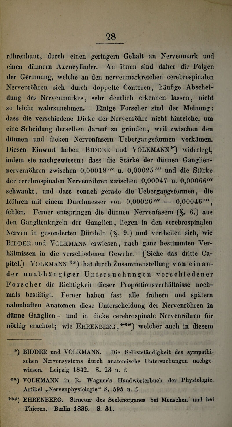 rülirenlmut, durch einen geringem Gehalt an Nervenmark und einen diinnern Ajene) linder. An ihnen sind daher die Folgen der Gerinnung, welche an den nevvenmarkreichen cerebrospinalen Nervenröhren sich durch doppelte Conturen, häufige Abschei¬ dung des Nervenmarkes, sehr deutlich erkennen lassen, nicht so leicht wahrzunehmen. Einige Forscher sind der Meinung: dass die verschiedene Dicke der Nervenröhre nicht hinreiche, um eine Scheidung derselben darauf zu gründen, weil zwischen den dünnen und dicken Nervenfasern Uebergangsformen vorkämen. Diesen Einwurf haben BlDDEE und VOLKMANN*) -widerlegt, indem sie nachgewiesen: dass die Stärke der dünnen Ganglien- nervenröhren zwischen 0,00018''' u. 0,00025' und die Stärke der cerebrospinalen Nervenröhren zwischen 0,00047 u. 0,00066' schwankt, und dass sonach gerade die Uebergangsformen, die Röhren mit einem Durchmesser von 0,00026' — 0,00046', fehlen. Ferner entspringen die dünnen Nervenfasern (§. 6.) aus den Ganglienkugcln der Ganglien, liegen in den cerebrospinalen Nerven in gesonderten Bündeln (§. 9.) und vertheilen sich, wie BlDDEE und VOLKMANN erwiesen, nach ganz bestimmten Ver¬ hältnissen in die verschiedenen Gewebe. (Siehe das dritte Ca- pitel.) VOLKMANN**) hat durch Zusammenstellung von einan¬ der unabhängiger Untersuchungen verschiedener Forscher die Richtigkeit dieser Proportionsverhältnisse noch¬ mals bestätigt. Ferner haben fast alle frühem und spätem nahmhaften Anatomen diese Unterscheidung der Nervenröhren in dünne Ganglien- und in dicke cerebrospinale Nervenröhren für nöthig erachtet; wie EhEENBEEG , ***) welcher auch in diesem *) BlDDEE und VOLKMANN. Die Selbstständigkeit des sympathi¬ schen Nervensystems durch anatomische Untersuchungen nachge¬ wiesen. Leipzig 1842. S. 23 u. f. **) VOLKMANN in R. Wagner’s Handwörterbuch der Physiologie. Artikel „Nervenphysiologie“ S. 595 u. f. ***) EHRENBERG. Structur des Seelenorganes bei Menschen und bei Thieren. Berlin 1836. S. 31.