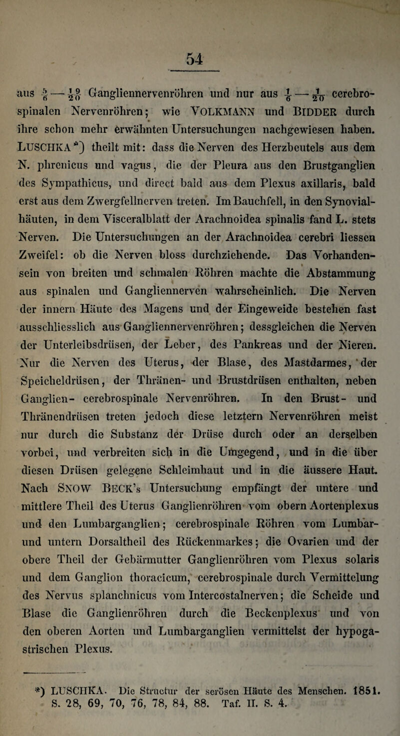 aus J Gangliennervenröhren und nur aus ^ cerebro- spinalen Nervenröhren; wie VOLKMANN und BlDDER durch * ihre schon mehr erwähnten Untersuchungen nachgewiesen haben. LUSCHKA *) theilt mit: dass die Nerven des Herzbeutels aus dem N. phrcnicus und vagus, die der Pleura aus den Brustganglien des Sympathicus, und direct bald aus dem Plexus axillaris, bald erst aus dem Zwergfellnerven treten. Im Bauchfell, in den Synovial¬ häuten, in dem Visceralblatt der Arachnoidea spinalis fand L. stets Nerven. Die Untersuchungen an der Arachnoidea cerebri liessen Zweifel: ob die Nerven bloss durchziehende. Das Vorhanden- i sein von breiten und schmalen Röhren machte die Abstammung aus spinalen und Gangliennerven wahrscheinlich. Die Nerven der innern Häute des Magens und der Eingeweide bestehen fast ausschliesslich aus Gangliennervenröhren; dessgleichen die Nerven der Unterleibsdrüsen, der Leber, des Pankreas und der Nieren. Nur die Nerven des Uterus, der Blase, des Mastdarmes, ‘der Speicheldrüsen, der Thränen- und Brustdrüsen enthalten, neben Ganglien- cerebrospinale Nervenröhren, In den Brust- und Thränendrüsen treten jedoch diese letztem Nervenröhren meist nur durch die Substanz der Drüse durch oder an derselben vorbei, und verbreiten sich in die Umgegend, und in die über diesen Drüsen gelegene Schleimhaut und in die äussere Haut. i Nach SNOW BECK’s Untersuchung empfängt der untere und mittlere Theil des Uterus Ganglienröhren vom obern Aortenplexus und den Lumbarganglien; cerebrospinale Röhren vom Lumbär- und untern Dorsaltheil des Rückenmarkes; die Ovarien und der obere Theil der Gebärmutter Ganglienröhren vom Plexus solaris und dem Ganglion thoracicum, cerebrospinale durch Vermittelung des Nervus splanchnicus vom Intercostalnerven; die Scheide und Blase die Ganglienröhren durch die Beckenplexus und von den oberen Aorten und Lumbarganglien vermittelst der hypoga¬ strischen Plexus. *) LUSCHKA. Die Strtictur cler serösen Häute des Menschen. 1851. S. 28, 69, 70, 76, 78, 84, 88. Taf. IT. S. 4.