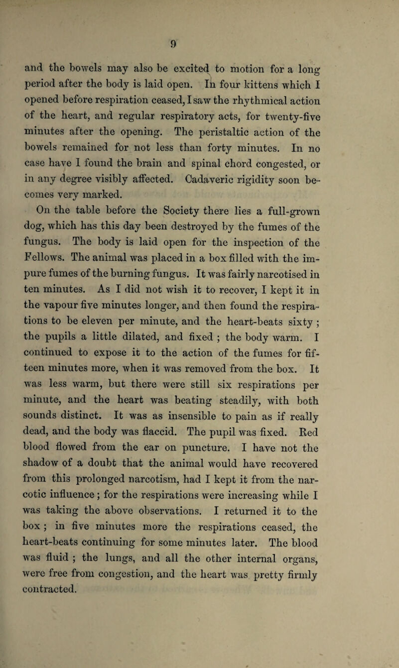 and the bowels may also be excited to motion for a long- period after the body is laid open. Ih four kittens which I opened before respiration ceased, I saw the rhythmical action of the heart, and regular respiratory acts, for twenty-five minutes after the opening. The peristaltic action of the bowels remained for not less than forty minutes. In no case have 1 found the brain and spinal chord congested, or in any degree visibly affected. Cadaveric rigidity soon be¬ comes very marked. On the table before the Society there lies a full-grown dog, which has this day been destroyed by the fumes of the fungus. The body is laid open for the inspection of the Fellows. The animal was placed in a box filled with the im¬ pure fumes of the burning fungus. It was fairly narcotised in ten minutes. As I did not wish it to recover, I kept it in the vapour five minutes longer, and then found the respira¬ tions to be eleven per minute, and the heart-beats sixty ; the pupils a little dilated, and fixed ; the body warm. I continued to expose it to the action of the fumes for fif¬ teen minutes more, when it was removed from the box. It was less warm, but there were still six respirations per minute, and the heart was beating steadily, with both sounds distinct. It was as insensible to pain as if really dead, and the body was flaccid. The pupil was fixed. Red blood flowed from the ear on puncture. I have not the shadow of a doubt that the animal would have recovered from this prolonged narcotism, had I kept it from the nar¬ cotic influence ; for the respirations were increasing while I was taking the above observations. I returned it to the box ; in five minutes more the respirations ceased, the heart-beats continuing for some minutes later. The blood was fluid ; the lungs, and all the other internal organs, were free from congestion, and the heart was pretty firmly contracted.