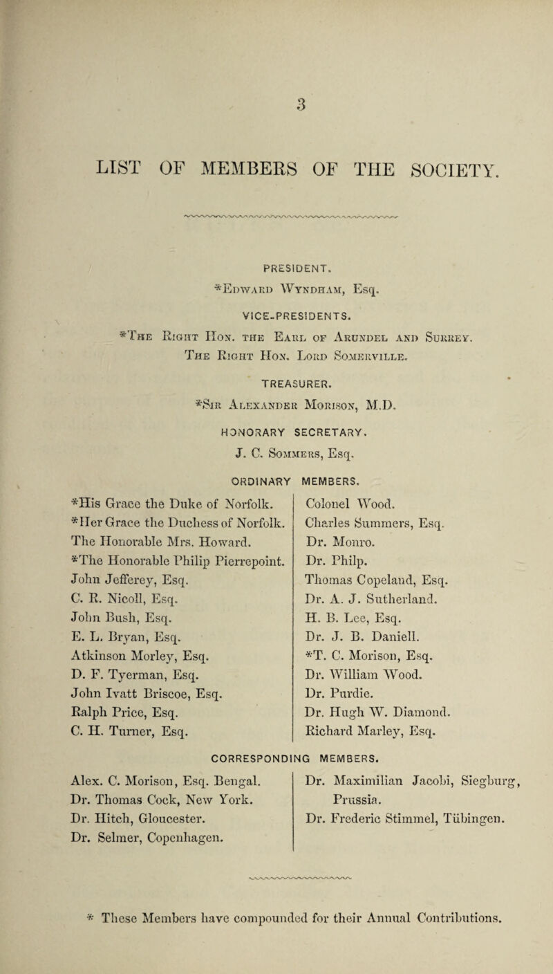 LIST OF MEMBERS OF THE SOCIETY. PRESIDENT. *Edwakd Wyndham, Esq. VICE-PRESIDENTS. *The Right IIon. the Earl of Arundel and Surrey. The Right Hon. Lord Somerville. TREASURER. *Sin Alexander Morison, M.D. HONORARY SECRETARY. J. C. Sommers, Esq. ORDINARY *His Graee the Duke of Norfolk. *Her Grace the Duchess of Norfolk. The Honorable Mi's. Howard. *The Honorable Philip Pierrepoint. John Jefferey, Esq. C. R. Nicoll, Esq. John Bush, Esq. E. L, Bryan, Esq. Atkinson Morley, Esq. D. F. Tyerman, Esq. John Ivatt Briscoe, Esq. Ralph Price, Esq. C. H. Turnei’, Esq. CORRESPOND! Alex. C. Morison, Esq. Bengal. Dr. Thomas Cock, New York. Dr. Hitch, Gloucester. Dr. Selmer, Copenhagen. MEMBERS. Colonel Wood. Charles Summers, Esq. Dr. Monro. Dr. Philp. Thomas Copeland, Esq. Dr. A. J. Sutherland. H. B. Lee, Esq. Dr. J. B. Daniell. *T. C. Morison, Esq. Dr. William Wood. Dr. Purdie. Dr. Hugh W. Diamond. Richard Mai’ley, Esq. G MEMBERS. Dr. Maximilian Jacobi, Siegburg, Prussia. Dr. Frederic Stimmel, Tubingen. * These Members have compounded for their Annual Contributions.