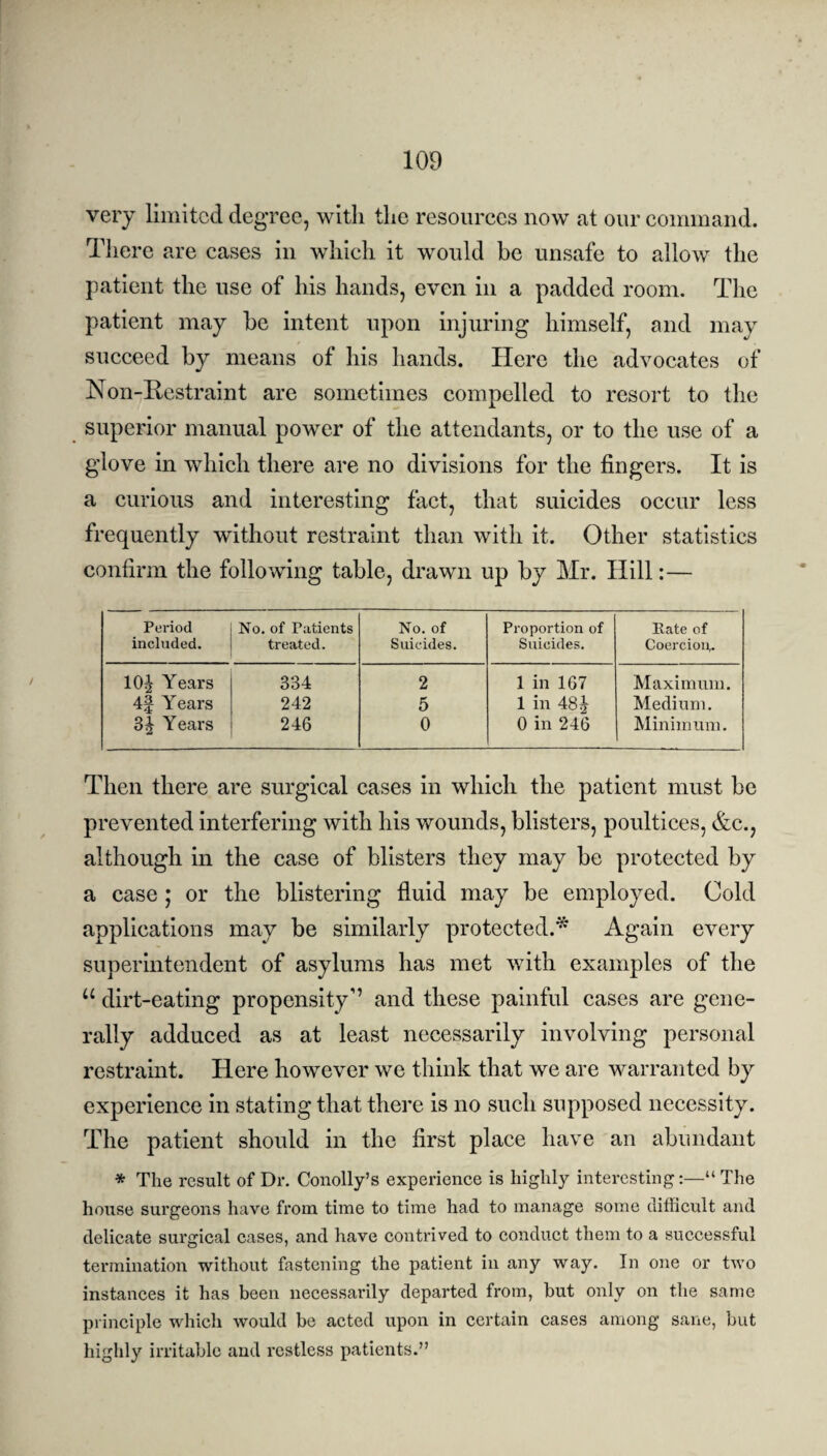 very limited degree, with the resources now at our command. There are cases in which it would be unsafe to allow the patient the use of his hands, even in a padded room. The patient may he intent upon injuring himself, and may succeed by means of his hands. Here the advocates of Non-Restraint are sometimes compelled to resort to the superior manual power of the attendants, or to the use of a glove in which there are no divisions for the fingers. It is a curious and interesting fact, that suicides occur less frequently without restraint than with it. Other statistics confirm the following table, drawn up by Mr. Hill:— Period included. No. of Patients treated. No. of Suicides. Proportion of Suicides. Rate of Coercion,. 10^ Years 334 2 1 in 167 Maximum. 4§ Years 242 5 1 in 48§ Medium. 3^ Years 246 0 0 in 246 Minimum. Then there are surgical cases in which the patient must be prevented interfering with his wounds, blisters, poultices, &c., although in the case of blisters they may be protected by a case ; or the blistering fluid may be employed. Cold applications may be similarly protected.* Again every superintendent of asylums has met with examples of the u dirt-eating propensity’’ and these painful cases are gene¬ rally adduced as at least necessarily involving personal restraint. Here however we think that we are warranted by experience in stating that there is no such supposed necessity. The patient should in the first place have an abundant * The result of Dr. Conolly’s experience is highly interesting:—“The house surgeons have from time to time had to manage some difficult and delicate surgical cases, and have contrived to conduct them to a successful termination without fastening the patient in any way. In one or two instances it has been necessarily departed from, but only on the same principle which would be acted upon in certain cases among sane, but highly irritable and restless patients.”