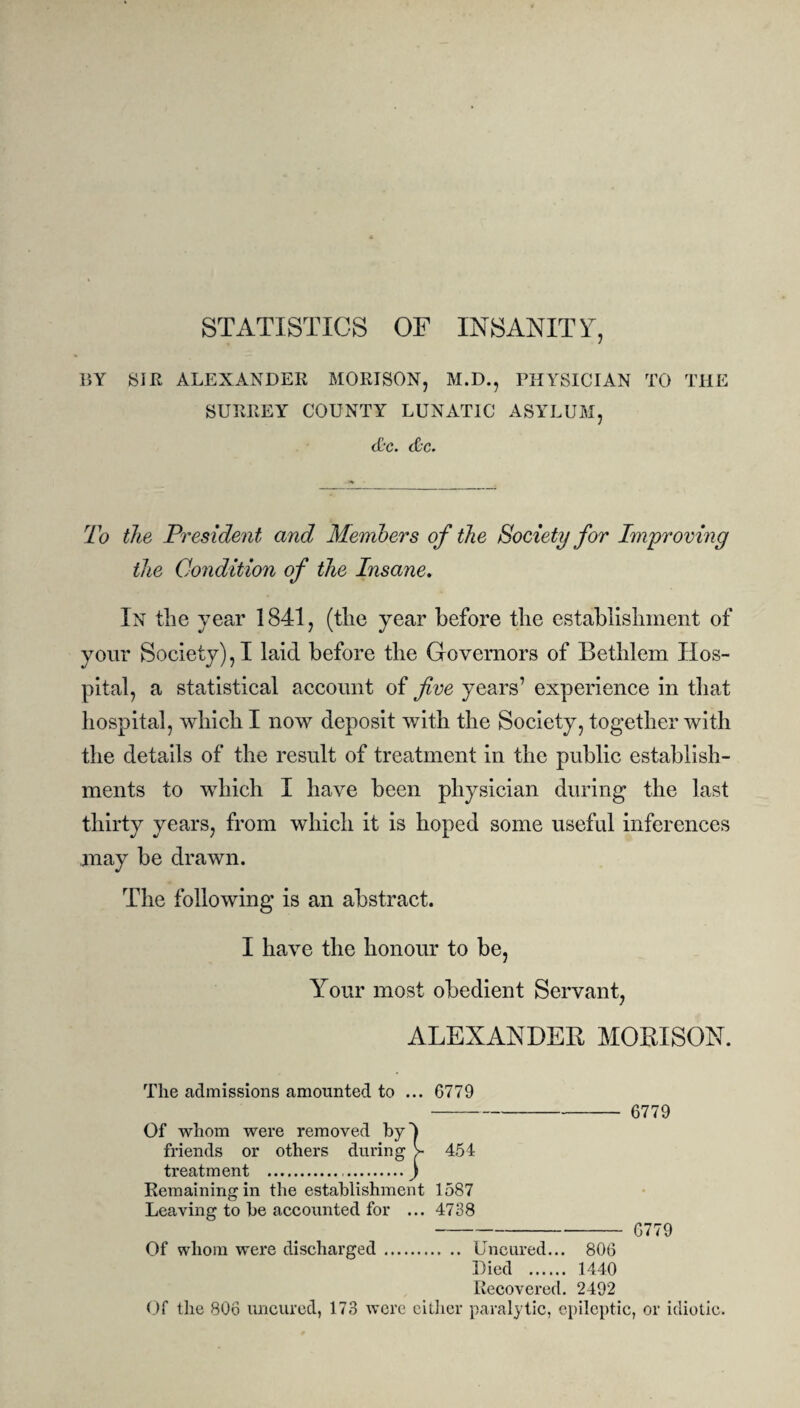 STATISTICS OF INSANITY, BY SIR ALEXANDER MORISON, M.D., PHYSICIAN TO THE SURREY COUNTY LUNATIC ASYLUM, &c. &c. To the President and Members of the Society for Improving the Condition of the Insane. In the year 1841, (the year before the establishment of your Society), I laid before the Governors of Bethlem Hos¬ pital, a statistical account of five years’ experience in that hospital, which I now deposit with the Society, together with the details of the result of treatment in the public establish¬ ments to which I have been physician during the last thirty years, from which it is hoped some useful inferences may be drawn. The following is an abstract. I have the honour to be, Your most obedient Servant, ALEXANDER MORISON. The admissions amounted to ... 0779 -6779 Of whom were removed by'} friends or others during ^ 454 treatment ...) Remaining in the establishment 1587 Leaving to be accounted for ... 4738 - 6779 Of whom were discharged. Uncured... 800 Died . 1440 Recovered. 2492 Of the 806 uncured, 173 were either paralytic, epileptic, or idiotic.