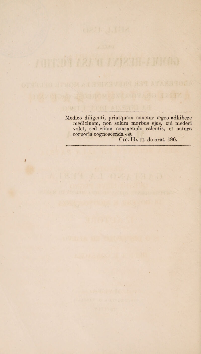 Medico diligent i, priusquam conetur ægro adhibere medicinam, non solum morbus ejus, cui mederi volet, sed etiam consuetudo vaïentis, et natura eorporis cognoscenda est