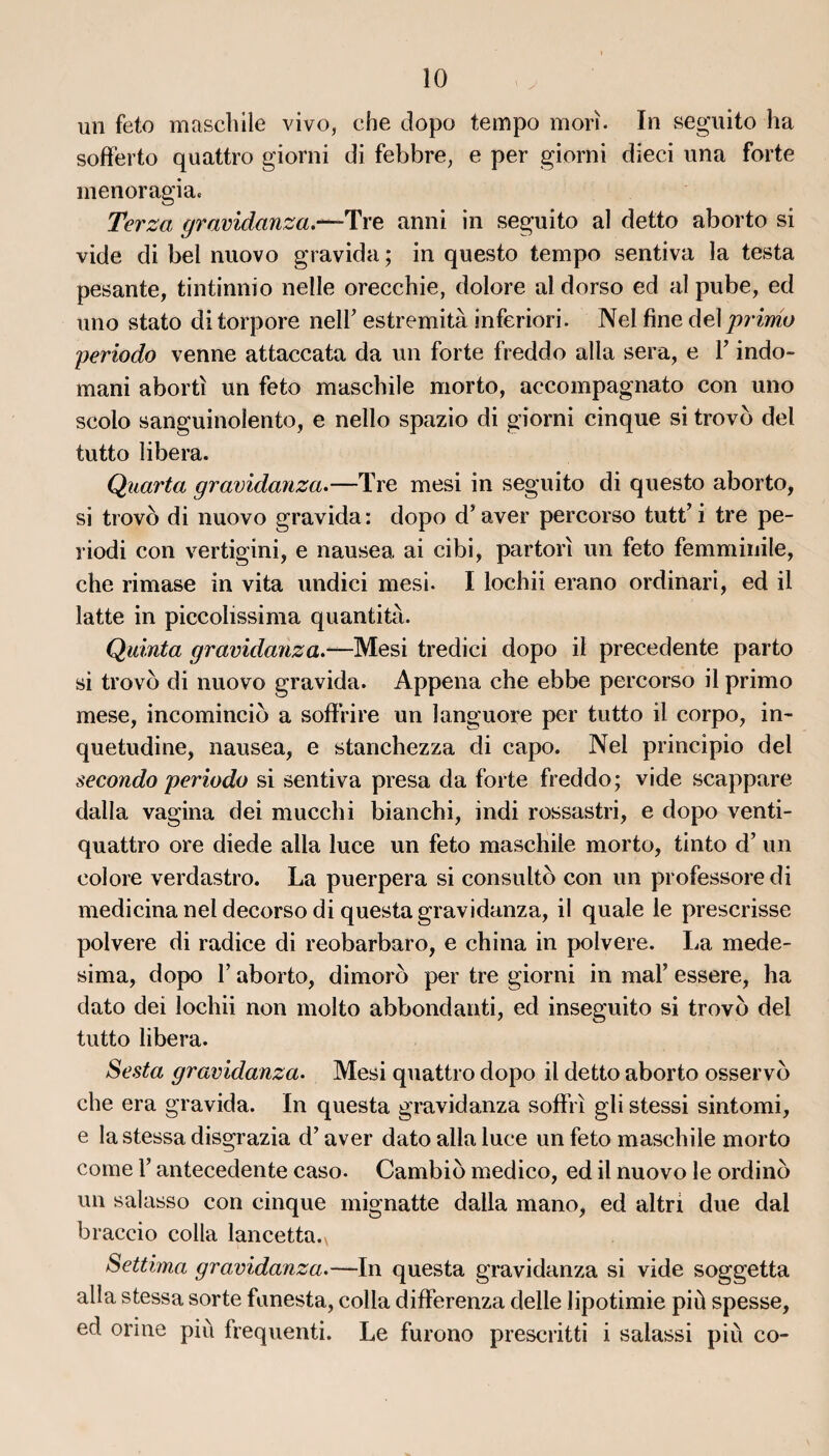 ' y un feto maschile vivo, che dopo tempo morî. In seguito ha sofferto quattro giorni di febbre, e per giorni dieci una forte menoragia, Terza gravidanza.—'Yxz anni in seguito al detto aborto si vide di bel nuovo gravida ; in questo tempo sentiva la testa pesante, tintinnio nelle orecchie, dolore aidorso ed alpube, ed uno stato ditorpore nelF estremità inferiori. Nel fine delprimo periodo venne attaccata da un forte freddo alla sera, e F indo- mani abortî un feto maschile morto, accompagnato con uno scolo sanguinolento, e nello spazio di giorni cinque si trovb del tutto libéra. Quarto, gravidanza.—Tre mesi in seguito di questo aborto, si trovb di nuovo gravida : dopo d’aver percorso tutt’ i tre pe- riodi con vertigini, e nausea ai cibi, partorî un feto femminile, che rimase in vita undici mesi. I lochii erano ordinari, ed il latte in piccolissima quantità. Quinta gravidanza.—Mesi tredici dopo il precedente parto si trovb di nuovo gravida. Appena che ebbe percorso il primo mese, incomincib a soffrire un ïanguore per tutto il corpo, in~ quetudine, nausea, e stanchezza di capo. Nel principio del secondo periodo si sentiva presa da forte freddo; vide scappare dalla vagina dei mucchi bianchi, indi rossastri, e dopo venti- quattro ore diede alla luce un feto maschile morto, tinto d’un colore verdastro. La puerpera si consulté con un professore di medicina nel decorso di questa gravidanza, il quale le prescrisse polvere di radice di reobarbaro, e china in polvere. La mede- sima, dopo F aborto, dimoro per tre giorni in mal’ essere, ha dato dei lochii non molto abbondanti, ed inseguito si trovb del tutto libéra. Sesta gravidanza. Mesi quattro dopo il detto aborto osservo che era gravida. In questa gravidanza soffri gli stessi sintomi, e la stessa disgrazia d’aver dato alla luce un feto maschile morto corne F antecedente caso. Cambib medico, ed il nuovo le ordino un salasso con cinque mignatte dalla mano, ed altri due dal braccio colla lancetta.x Settima gravidanza.—In questa gravidanza si vide soggetta alla stessa sorte funesta, colla differenza delle lipotimie più spesse, ed orine più frequenti. Le furono prescritti i salassi più co-