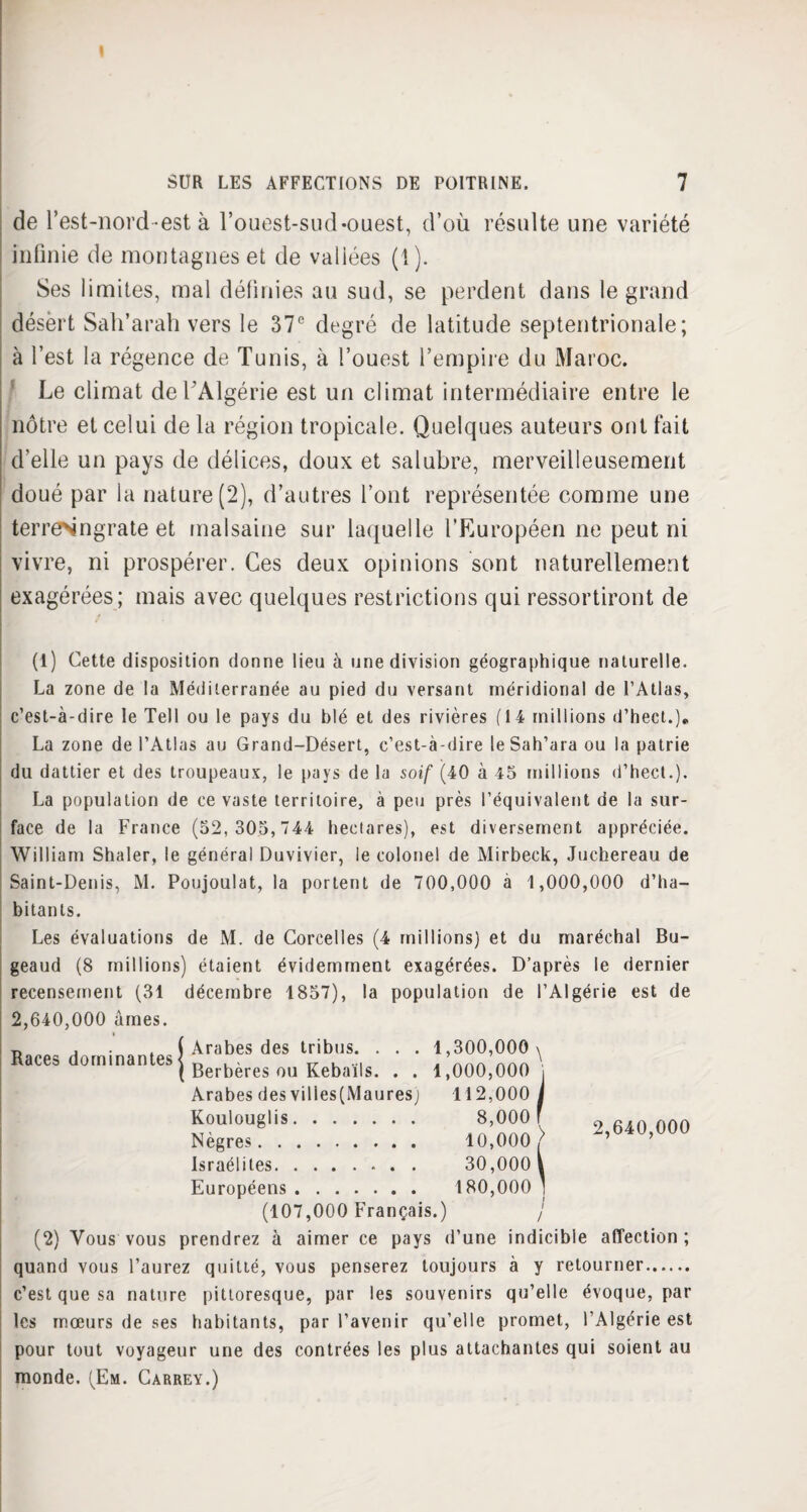 de l’est-nord-est à l’ouest-sudouest, d’où résulte une variété infinie de montagnes et de valiées (1). Ses limites, mal définies au sud, se perdent dans le grand désert Sah’arah vers le 37e degré de latitude septentrionale; à l’est la régence de Tunis, à l’ouest l’empire du Maroc. Le climat de l'Algérie est un climat intermédiaire entre le nôtre et celui de la région tropicale. Quelques auteurs ont fait d’elle un pays de délices, doux et salubre, merveilleusement doué par la nature (2), d’autres l’ont représentée comme une terreNngrate et malsaine sur laquelle l'Européen ne peut ni vivre, ni prospérer. Ces deux opinions sont naturellement exagérées; mais avec quelques restrictions qui ressortiront de (l) Cette disposition donne lieu à une division géographique naturelle. La zone de la Méditerranée au pied du versant méridional de l’Atlas, c’est-à-dire le Tell ou le pays du blé et des rivières (14 millions d’hect.)* La zone de l’Atlas au Grand-Désert, c’est-à-dire leSah’ara ou la patrie du dattier et des troupeaux, le pays de la soif (40 à 45 millions d’hect.). La population de ce vaste territoire, à peu près l’équivalent de la sur¬ face de la France (52,305,744 hectares), est diversement appréciée. William Shaler, le général Duvivier, le colonel de Mirbeck, Juchereau de Saint-Denis, M. Poujoulat, la portent de 700,000 à 1,000,000 d’ha¬ bitants. Les évaluations de M. de Corcelles (4 millions) et du maréchal Bu- geaud (8 millions) étaient évidemment exagérées. D’après le dernier recensement (31 décembre 1857), la population de l’Algérie est de 2,640,000 âmes. Races dominantes! ArabeS deS tribus* * • • 1.300,000 ^ Races dominantes j Berbères ou Kebaüs. . . 1,000,000 , Arabes des villes(Maures) 112,000 j !Joulou«lis. 2,640,000 Negres. 10,000 / Israélites. 30,0001 Européens. 180,000 j (107,000 Français.) j (2) Vous vous prendrez à aimer ce pays d’une indicible affection ; quand vous l’aurez quitté, vous penserez toujours à y retourner. c’est que sa nature pittoresque, par les souvenirs qu’elle évoque, par les mœurs de ses habitants, par l’avenir qu’elle promet, l’Algérie est pour tout voyageur une des contrées les plus attachantes qui soient au monde. (Em. Carrey.)