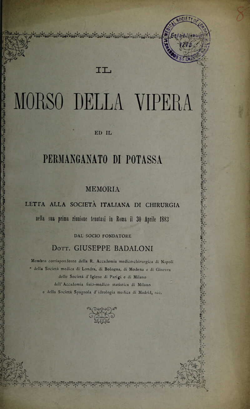 *\U ^_ili_ili_«sl^ «sL« «sU nU •vi» -vi- -sU -sU >vU_^ «T- “'* ■ - ■■- ^ -r 7^X5* reagir «NaC>-> <Ng)&~ r^jts^ T^as^. rvarà* . sofSTT T^àrj^T t~^ T-^j-— IL MORSO DELLA VIPERA ED IL PERMANGANATO DI POTASSA MEMORIA if Wi LETTA ALLA SOCIETÀ ITALIANA DI CHIRURGIA nella sua prima riunione tenutasi in Roma il 30 Aprile 1883 DAL SOCIO FONDATORE Dott. GIUSEPPE BADALONI Membro corrispondente della R. Accademia medico-chirurgica di Napoli • della Società medica di Londra, di Bologna, di Modena e di Ginevra delle Società d’ Igiene di Parigi e di Milano dell’Accademia fisio-mejico statistica di Milano e della Società Spagnola d’idrologia medica di Madrid, ecc. % v? < _ v0 -\3p-L i4MK« y/gyg?^ ^>(5^ ^ ’ ^fs. Vjs. ' ✓JN. ✓J'i ✓ J'n*