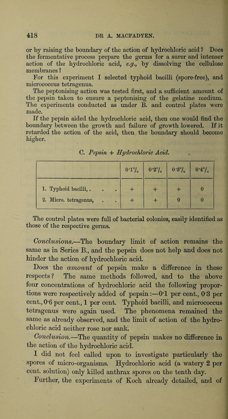 or by raising the boundary of the action of hydrochloric acid ? Does the fermentative process prepare the germs for a surer and intenser action of the hydrochloric acid, e.g., by dissolving the cellulose membranes ? For this experiment I selected typhoid bacilli (spore-free), and micrococcus tetragenus. The peptonising action was tested first, and a sufficient amount of the pepsin taken to ensure a peptonising of the gelatine medium. The experiments conducted as under B. and control plates were made. If the pepsin aided the hydrochloric acid, then one would find the boundary between the growth and failure of growth lowered. If it retarded the action of the acid, then the boundary should become higher. C. Pepsin + Hydrochloric Acid. 0-1 % 0 '2% 0-3% 0-4 % 1. Typhoid bacilli, . + + + 0 2. Micro, tetragenus, + + 0 0 The control plates were full of bacterial colonies, easily identified as those of the respective germs. Conclusions.—The boundary limit of action remains the same as in Series B., and the pepsin does not help and does not hinder the action of hydrochloric acid. Does the amount of pepsin make a difference in these respects ? The same methods followed, and to the above four concentrations of hydrochloric acid the following propor¬ tions were respectively added of pepsin:—OT per cent., 0'3 per cent., 0’6 per cent., 1 per cent. Typhoid bacilli, and micrococcus tetragenus were again used. The phenomena remained the same as already observed, and the limit of action of the hydro¬ chloric acid neither rose nor sank. Conclusion.—The quantity of pepsin makes no difference in the action of the hydrochloric acid. I did not feel called upon to investigate particularly the spores of micro-organisms. Hydrochloric acid (a watery 2 per cent, solution) only killed anthrax spores on the tenth day. Further, the experiments of Koch already detailed, and of