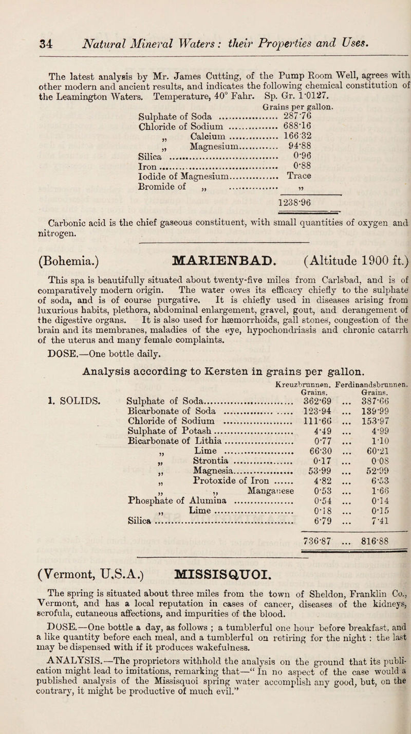The latest analysis by Mr. James Cutting, of the Pump Room Well, agrees with other modern and ancient results, and indicates the following chemical constitution of the Leamington Waters. Temperature, 40° Fahr. Sp. Gr. 1*0127. Grains per gallon. Sulphate of Soda . 287*76 Chloride of Sodium . 688*16 „ Calcium... 166 32 „ Magnesium. 94*88 Silica . 0*96 Iron... . 0*88 Iodide of Magnesium. Trace Bromide of ,, » 1238*96 Carbonic acid is the chief gaseous constituent, with small quantities of oxygen and nitrogen. (Bohemia.) MAR.IENBAD. (Altitude 1900 ft.) This spa is beautifully situated about twenty-five miles from Carlsbad, and is of comparatively modern origin. The water owes its efficacy chiefly to the sulphate of soda, and is of course purgative. It is chiefly used in diseases arising from luxurious habits, plethora, abdominal enlargement, gravel, gout, and derangement of the digestive organs. It is also used for hemorrhoids, gall stones, congestion of the brain and its membranes, maladies of the eye, hypochondriasis and chronic catarrh of the uterus and many female complaints. DOSE.—One bottle daily. Analysis according to Kersten in grains per gallon. Kreuzbrunnen, Ferdinandsbrunnen, Grains. Grains. 1. SOLIDS. Sulphate of Soda. 362*69 ... 387*66 Bicarbonate of Soda . 123*94 ... 139*99 Chloride of Sodium . 111*66 ... 153*97 Sulphate of Potash. 4*49 ... 4*99 Bicarbonate of Lithia. 0*77 ... 1*10 „ Lime . 66*30 ... 60*21 „ Strontia . 0*17 ... 0 08 „ Magnesia. 53*99 ... 52*99 „ Protoxide of Iron . 4*82 ... 6*53 „ „ Manganese 0*53 ... 1*66 Phosphate of Alumina . 0*54 ... 0*14 ,, Lime. 0*18 ... 0*35 Silica. 6*79 ... 7*41 736*87 ... 816*88 (Vermont, U.S.A.) MISSISQTJOI. The spring is situated about three miles from the town of Sheldon, Franklin Co., Vermont, and has a local reputation in cases of cancer, diseases of the kidneys, scrofula, cutaneous affections, and impurities of the blood. DOSE.-—One bottle a day, as follows ; a tumblerful one hour before breakfast, and a like quantity before each meal, and a tumblerful on retiring for the night : the last may be dispensed with if it produces wakefulness. ANALYSIS.—The proprietors withhold the analysis on the ground that its publi¬ cation might lead to imitations, remarking that—“ In no aspect of the case would a published, analysis of the Missisquoi spring water accomplish any good, but, on the contrary, it might be productive of much evil.”