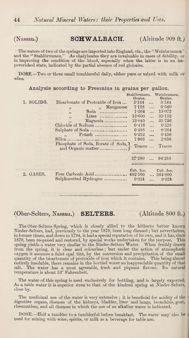 (Nassau.) SCHWALBACH. (Altitude 909 ft.) The waters of two of the springs are imported into England, viz., the “ Weinbrnnnen ” and the “ Stahlbrunnen.” As chalybeates they are invaluable in cases of debility, or in improving the condition of the blood, especially when the latter is in an im¬ poverished state, indicated by the partial absence of red globules. DOSE.—Two or three small tumblersful daily, either pure or mixed with milk or wine. Analysis according1 to Fressnius in grains per gallon. 1. SOLIDS. Bicarbonate of Protoxide of Iron 55 Soda 55 Chloride of Sodium Silica Potash Phosphate of Soda, Borate of and Organic matter. Soda, Stahlbrunnen. Weinbrunnen. Grains. Grains. 5*144 ... 3*544 e 1*128 ... 0*560 . 1*264 ... 15*072 . 13*600 ... 35*152 . 13*040 ... 35*736 . 0*416 ... 0*528 . 0*488 ... 0*384 0*232 ... 0*456 . 1*968 ... 2*856 '5 j- Traces ... Traces 37*280 ... 94*288 Cub. Ins. Cub. Ins. 2. GASES. Free Carbonic Acid.. 402T60 ... 364*800 Sulphuretted Hydrogen . 0*024 ... 0*024 (Ober-Selters, Nassau.) SELTERS. (Altitude 800 ft.) The Ober-Selters Spring, which is closely allied to the hitherto better known Nieder-Selters, had, previously to the year 1870, been long disused ; but nevertheless, in former times, and down to 1794, it had a special reputation of its own, and it has, since 1870, been reopened and restored, by special works undertaken for the purpose. This spring yields a water very similar to the Nieder-Selters Water. When freshly drawn from the spring, it is clear and colourless ; but under the action of atmospheric oxygen it assumes a faint opal tint, by the conversion and precipitation of the small quantity of the bicarbonate of protoxide of iron which it contains. This being almost entirely insoluble, there remains in the bottled water an inappreciable quantity of that salt. The water has a most agreeable, fresh and piquant flavour. Its natural temperature is about 53° Fahrenheit. The water of this spring is used exclusively for bottling, and is largely exported. As a table water it is superior even to that of the kindred spring at Nieder-Sellers, close by. The medicinal use of the water is very extensive ; it is beneficial for acidity of the digestive organs, diseases of the kidneys, bladder, liver and lungs, bronchitis, gout, rheumatism, and all diseases in which the use of an alkaline water is indicated. DOSE.—Half a tumbler to a tumblerful before breakfast. The water may also be used for mixing with wine, spirits, or milk as a beverage for table use.