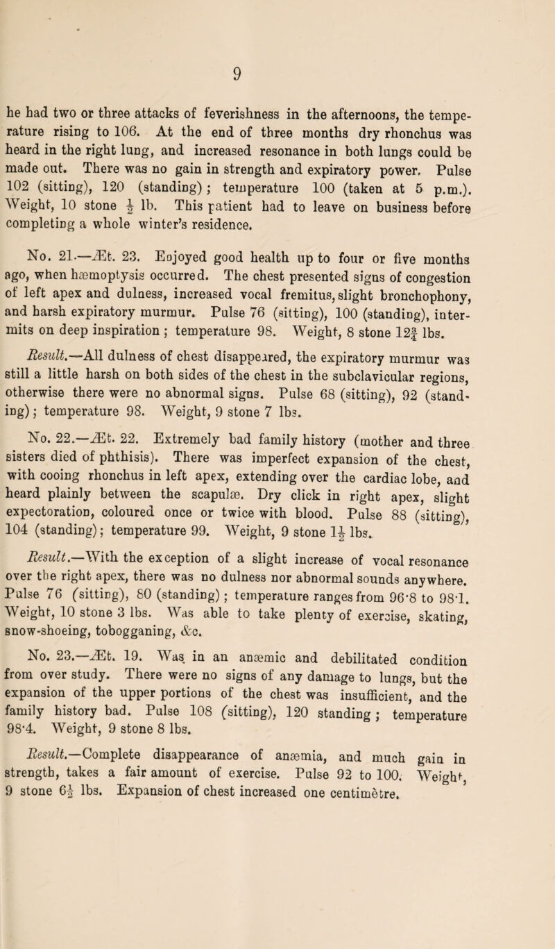 he had two or three attacks of feverishness in the afternoons, the tempe¬ rature rising to 106. At the end of three months dry rhonchus was heard in the right lung, and increased resonance in both lungs could be made out. There was no gain in strength and expiratory power. Pulse 102 (sitting), 120 (standing); temperature 100 (taken at 5 p.m.). Weight, 10 stone ^ lb. This patient had to leave on business before completing a whole winter’s residence. No. 21.—Mt. 23. Eojoyed good health up to four or five months ago, when haemoptysis occurred. The chest presented signs of congestion of left apex and dulness, increased vocal fremitus, slight bronchophony, and harsh expiratory murmur. Pulse 76 (sitting), 100 (standing), inter¬ mits on deep inspiration ; temperature 98. Weight, 8 stone I2f lbs. Result.—All dulness of chest disappeared, the expiratory murmur was still a little harsh on both sides of the chest in the subclavicular regions, otherwise there were no abnormal signs. Pulse 68 (sitting), 92 (stand- ing) ,* temperature 98. Weight, 9 stone 7 lbs. No. 22.—iEt. 22. Extremely bad family history (mother and three sisters died of phthisis). There was imperfect expansion of the chest, with cooing rhonchus in left apex, extending over the cardiac lobe, and heard plainly between the scapulae. Dry click in right apex, slight expectoration, coloured once or twice with blood. Pulse 88 (sitting), 104 (standing); temperature 99. Weight, 9 stone 1J lbs. Result. With the exception of a slight increase of vocal resonance over the right apex, there was no dulness nor abnormal sounds anywhere. Pulse 76 (sitting), 80 (standing); temperature ranges from 96’8 to 981. Weight, 10 stone 3 lbs. Was able to take plenty of exercise, skating, snow-shoeing, tobogganing, &c. No. 23.—JEit,. 19. Was in an anaemic and debilitated condition from over study. There were no signs of any damage to lungs, but the expansion of the upper portions of the chest was insufficient, and the family history bad. Pulse 108 (sitting), 120 standing ; temperature 98‘4. Weight, 9 stone 8 lbs. Result— Complete disappearance of anaemia, and much gain in strength, takes a fair amount of exercise. Pulse 92 to 100. Weight 9 stone 64 lbs. Expansion of chest increased one centimetre.