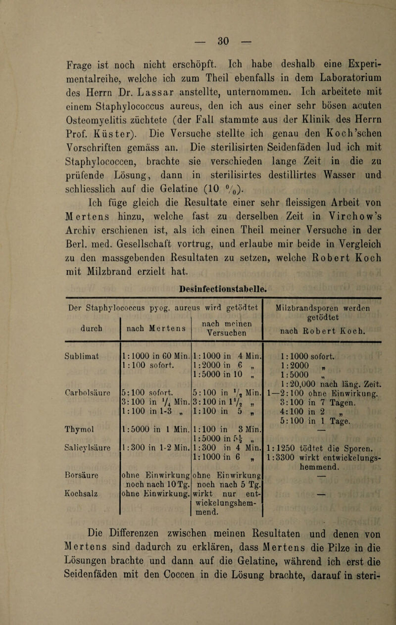 Frage ist noch nicht erschöpft. Ich habe deshalb eine Experi¬ mentalreihe, welche ich zum Theil ebenfalls in dem Laboratorium des Herrn Dr. Lassar anstellte, unternommen. Ich arbeitete mit einem Staphylococcus aureus, den ich aus einer sehr bösen acuten Osteomyelitis züchtete (der Fall stammte aus der Klinik des Herrn Prof. Küster). Die Versuche stellte ich genau den Koch’schen Vorschriften gemäss an. Die sterilisirten Seidenfäden lud ich mit Staphylococcen, brachte sie verschieden lange Zeit in die zu prüfende Lösung, dann in sterilisirtes destillirtes Wasser und schliesslich auf die Gelatine (10 %). Ich füge gleich die Resultate einer sehr fleissigen Arbeit von Mertens hinzu, welche fast zu derselben Zeit in Virchow’s Archiv erschienen ist, als ich einen Theil meiner Versuche in der Berl. med. Gesellschaft vortrug, und erlaube mir beide in Vergleich zu den massgebenden Resultaten zu setzen, welche Robert Koch mit Milzbrand erzielt hat. Desinfectionstabelle. Der Staphylo durch coccus pyog. aure nach Mertens us wird getödtet. nach meinen Versuchen Milzbrandsporen werden getödtet nach Robert Koch. Sublimat 1:1000 in 60 Min. 1 :100 sofort. 1:1000 in 4 Min. 1:2000 in 6 „ 1:5000 in 10 „ 1:1000 sofort. 1:2000 „ 1:5000 „ 1:20,000 nach läng. Zeit. Carbolsäure 5:100 sofort. 3:100 in */4 Min. 1:100 in 1-3 „ 5:100 in 7? Min. 3:100 in V/2 „ 1:100 in 5 „ 1—2:100 ohne Einwirkung. 3:100 in 7 Tagen. 4:100 in 2 „ 5:100 in 1 Tage. Thymol 1:5000 in 1 Min. 1:100 in 3 Min. 1:5000 in 5£ „ — Salicylsäure 1: 300 in 1-2 Min. 1:300 in 4 Min. 1:1000 in 6 „ 1:1250 tödtet die Sporen. 1:3300 wirkt entwickelungs¬ hemmend. Borsäure ohne Einwirkung noch nach 10 Tg. ohne Einwirkung noch nach 5 Tg. — Kochsalz ohne Einwirkung. wirkt nur ent¬ wickelungshem¬ mend. Die Differenzen zwischen meinen Resultaten und denen von Mertens sind dadurch zu erklären, dass Mertens die Pilze in die Lösungen brachte und dann auf die Gelatine, während ich erst die Seidenfäden mit den Coccen in die Lösung brachte, darauf in steri-