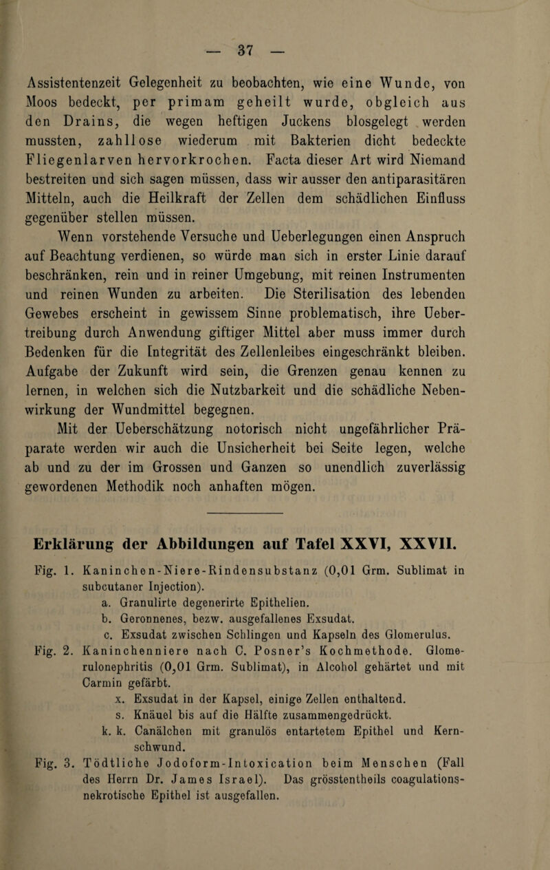 Assistentenzeit Gelegenheit zu beobachten, wie eine Wunde, von Moos bedeckt, per primam geheilt wurde, obgleich aus den Drains, die wegen heftigen Juckens blosgelegt werden mussten, zahllose wiederum mit Bakterien dicht bedeckte Fliegenlarven hervorkrochen. Facta dieser Art wird Niemand bestreiten und sich sagen müssen, dass wir ausser den antiparasitären Mitteln, auch die Heilkraft der Zellen dem schädlichen Einfluss gegenüber stellen müssen. Wenn vorstehende Versuche und Ueberlegungen einen Anspruch auf Beachtung verdienen, so würde man sich in erster Linie darauf beschränken, rein und in reiner Umgebung, mit reinen Instrumenten und reinen Wunden zu arbeiten. Die Sterilisation des lebenden Gewebes erscheint in gewissem Sinne problematisch, ihre Ueber- treibung durch Anwendung giftiger Mittel aber muss immer durch Bedenken für die Integrität des Zellenleibes eingeschränkt bleiben. Aufgabe der Zukunft wird sein, die Grenzen genau kennen zu lernen, in welchen sich die Nutzbarkeit und die schädliche Neben¬ wirkung der Wundmittel begegnen. Mit der Ueberschätzung notorisch nicht ungefährlicher Prä¬ parate werden wir auch die Unsicherheit bei Seite legen, welche ab und zu der im Grossen und Ganzen so unendlich zuverlässig gewordenen Methodik noch anhaften mögen. Erklärung der Abbildungen auf Tafel XXVI, XXVII. Fig. 1. Kaninchen-Niere-Rindensubstanz (0,01 Grm. Sublimat in subcutaner Injection). a. Granulirte degenerirte Epithelien. b. Geronnenes, bezw. ausgefallenes Exsudat. c. Exsudat zwischen Schlingen und Kapseln des Glomerulus. Fig. 2. Kaninchenniere nach C. Posner’s Kochmethode. Glome¬ rulonephritis (0,01 Grm. Sublimat), in Alcohol gehärtet und mit Carmin gefärbt. x. Exsudat in der Kapsel, einige Zellen enthaltend, s. Knäuel bis auf die Hälfte zusammengodrückt. k. k. Canälchen mit granulös entartetem Epithel und Kern¬ schwund. Fig. 3. Tödtliche Jodoform-Intoxication beim Menschen (Fall des Herrn Dr. James Israel). Das grösstentheils coagulations- nekrotische Epithel ist ausgefallen.