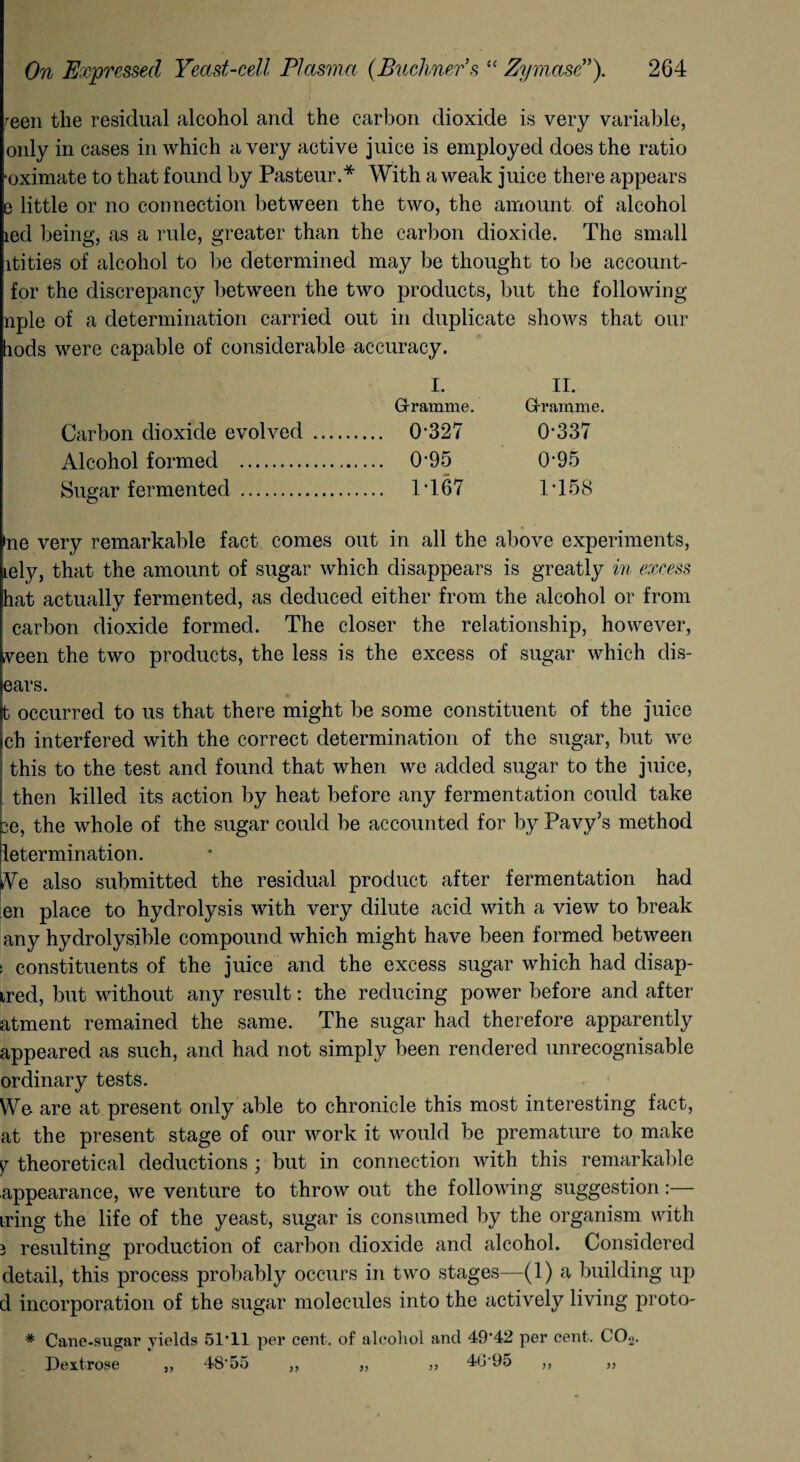 ^een the residual alcohol and the carbon dioxide is very variable, only in cases in which a very active juice is employed does the ratio ■oximate to that found by Pasteur.* With a weak juice there appears 0 little or no connection between the two, the amount of alcohol led being, as a rule, greater than the carbon dioxide. The small itities of alcohol to be determined may be thought to be account- for the discrepancy between the two products, but the following nple of a determination carried out in duplicate shows that our hods were capable of considerable accuracy. I. II. G-ramme. Gramme. Carbon dioxide evolved . . 0-327 0-337 Alcohol formed . . 0-95 0-95 Sugar fermented . . 1-167 1-158 ne very remarkable fact comes out in all the above experiments, lely, that the amount of sugar which disappears is greatly in excess hat actually fermented, as deduced either from the alcohol or from carbon dioxide formed. The closer the relationship, however, veen the two products, the less is the excess of sugar which dis¬ ears. t occurred to us that there might be some constituent of the juice ch interfered with the correct determination of the sugar, but we this to the test and found that when we added sugar to the juice, then killed its action by heat before any fermentation could take :e, the whole of the sugar could be accounted for by Pavy’s method letermination. k¥e also submitted the residual product after fermentation had en place to hydrolysis with very dilute acid with a view to break any hydrolysible compound which might have been formed between s constituents of the juice and the excess sugar which had disap- ired, but without any result: the reducing power before and after atment remained the same. The sugar had therefore apparently appeared as such, and had not simply been rendered unrecognisable ordinary tests. We are at present only able to chronicle this most interesting fact, at the present stage of our work it would be premature to make y theoretical deductions ; but in connection with this remarkable appearance, we venture to throw out the following suggestion:— iring the life of the yeast, sugar is consumed by the organism with 3 resulting production of carbon dioxide and alcohol. Considered detail, this process probably occurs in two stages—(1) a building up d incorporation of the sugar molecules into the actively living proto- * Cane-sugar yields 51*11 per cent, of alcohol and 4942 per cent. C02. Dextrose „ 4855 ,, „ ,, 4(j'95 ,, „