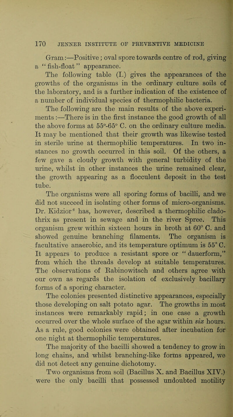 Gram:—Positive ; oval spore towards centre of rod, giving a “ fish-float ” appearance. The following table (I.) gives the appearances of the growths of the organisms in the ordinary culture soils of the laboratory, and is a further indication of the existence of a number of individual species of thermophilic bacteria. The following are the main results of the above experi¬ ments :—There is in the first instance the good growth of all the above forms at 55°-65° C. on the ordinary culture media. It may be mentioned that their growth was likewise tested in sterile urine at thermophilic temperatures. In two in¬ stances no growth occurred in this soil. Of the others, a few gave a cloudy growth with general turbidity of the urine, whilst in other instances the urine remained clear, the growth appearing as a flocculent deposit in the test tube. The organisms were all sporing forms of bacilli, and we did not succeed in isolating other forms of micro-organisms. Dr. Kidzior6 has, however, described a thermophilic clado- thrix as present in sewage and in the river Spree. This organism grew within sixteen hours in broth at 60° C. and showed genuine branching filaments. The organism is facultative anaerobic, and its temperature optimum is 55° C. It appears to produce a resistant spore or “ dauerform,” from which the threads develop at suitable temperatures. The observations of Rabinowitsch and others agree with our own as regards the isolation of exclusively bacillary forms of a sporing character. The colonies presented distinctive appearances, especially those developing on salt potato agar. The growths in most instances were remarkably rapid; in one case a growth occurred over the whole surface of the agar within six hours. As a rule, good colonies were obtained after incubation for one night at thermophilic temperatures. The majority of the bacilli showed a tendency to grow in long chains, and whilst branching-like forms appeared, we did not detect any genuine dichotomy. Two organisms from soil (Bacillus X. and Bacillus XIY.) were the only bacilli that possessed undoubted motility