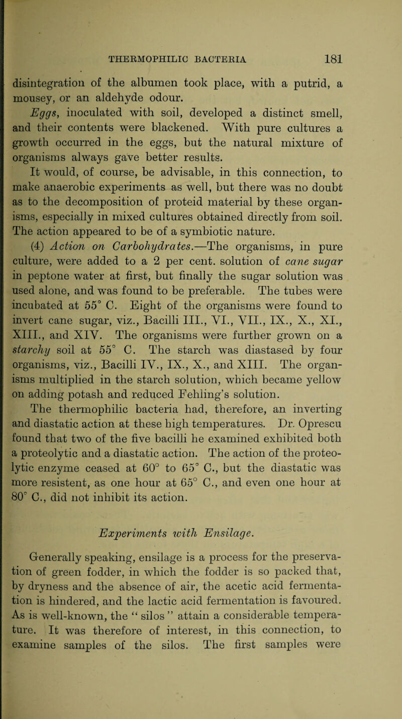 disintegration of the albumen took place, with a putrid, a mousey, or an aldehyde odour. Eggs, inoculated with soil, developed a distinct smell, and their contents were blackened. With pure cultures a growth occurred in the eggs, but the natural mixture of organisms always gave better results. It would, of course, be advisable, in this connection, to make anaerobic experiments as well, but there was no doubt as to the decomposition of proteid material by these organ¬ isms, especially in mixed cultures obtained directly from soil. The action appeared to be of a symbiotic nature. (4) Action on Carbohydrates.—The organisms, in pure culture, were added to a 2 per cent, solution of cane sugar in peptone water at first, but finally the sugar solution was used alone, and was found to be preferable. The tubes were incubated at 55° C. Eight of the organisms were found to invert cane sugar, viz., Bacilli III., VI., VII., IX., X., XI., XIII., and XIV. The organisms were further grown on a starchy soil at 55° C. The starch was diastased by four organisms, viz., Bacilli IV., IX., X., and XIII. The organ¬ isms multiplied in the starch solution, which became yellow on adding potash and reduced Eehling’s solution. The thermophilic bacteria had, therefore, an inverting and diastatic action at these high temperatures. Dr. Oprescu found that two of the five bacilli he examined exhibited both a proteolytic and a diastatic action. The action of the proteo¬ lytic enzyme ceased at 60° to 65° C., but the diastatic was more resistent, as one hour at 65° C., and even one hour at 80° C., did not inhibit its action. Experiments with Ensilage. Generally speaking, ensilage is a process for the preserva¬ tion of green fodder, in which the fodder is so packed that, by dryness and the absence of air, the acetic acid fermenta¬ tion is hindered, and the lactic acid fermentation is favoured. As is well-known, the “ silos ” attain a considerable tempera¬ ture. It was therefore of interest, in this connection, to examine samples of the silos. The first samples were