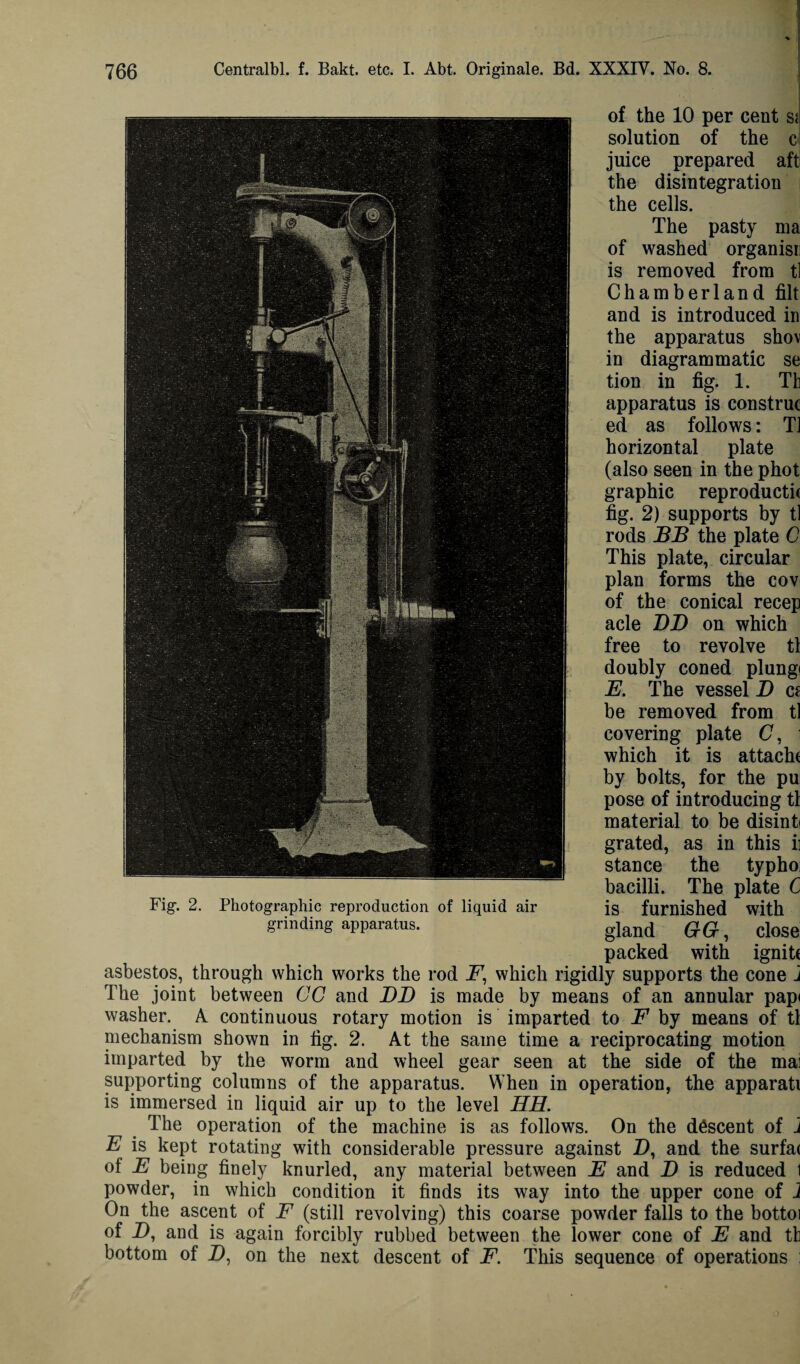 1 of the 10 per cent sJ solution of the cj juice prepared aft the disintegration the cells. The pasty ma of washed organisn is removed from tl Chamberland filt and is introduced in the apparatus shov in diagrammatic se tion in fig. 1. Th apparatus is construe ed as follows: T] horizontal plate (also seen in the phot graphic reproductk fig. 2) supports by tl rods BB the plate C This plate, circular plan forms the cov of the conical recep acle BB on which free to revolve tl doubly coned plungi E. The vessel B a be removed from tl covering plate (7, which it is attache by bolts, for the pu pose of introducing tl material to be disinb grated, as in this ii stance the typho bacilli. The plate C Fig. 2. Photographic reproduction of liquid air is furnished with grinding apparatus. g]and qq , ciose packed with ignite asbestos, through which works the rod _F, which rigidly supports the cone j The joint between CC and BB is made by means of an annular papi washer. A continuous rotary motion is imparted to F by means of tl mechanism shown in fig. 2. At the same time a reciprocating motion imparted by the worm and wheel gear seen at the side of the mai supporting columns of the apparatus. When in operation, the apparati is immersed in liquid air up to the level HH. The operation of the machine is as follows. On the descent of 1 E is kept rotating with considerable pressure against Z), and the surfa< of E being finely knurled, any material between E and B is reduced 1 powder, in which condition it finds its way into the upper cone of J On the ascent of F (still revolving) this coarse powder falls to the bottoi of Z), and is again forcibly rubbed between the lower cone of E and th bottom of D, on the next descent of F. This sequence of operations :