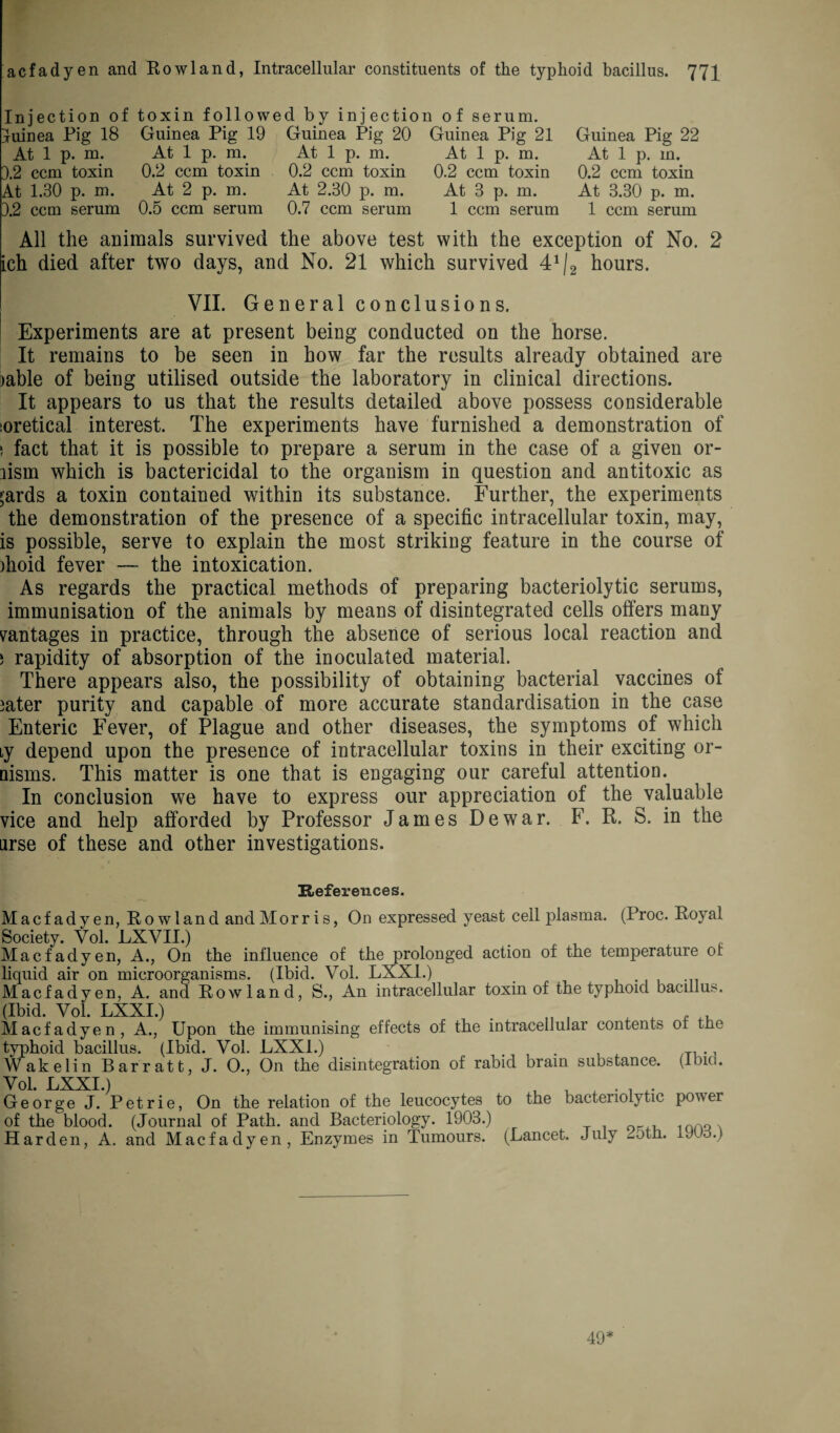Injection of toxin followed by injection of serum. Guinea Pig 18 Guinea Pig 19 Guinea Pig 20 Guinea Pig 21 Guinea Pig 22 At 1 p. m. At 1 p. m. At 1 p. m. At 1 p. m. At 1 p. m. 3.2 ccm toxin 0.2 ccm toxin 0.2 ccm toxin 0.2 ccm toxin 0.2 ccm toxin At 1.30 p. m. At 2 p. m. At 2.30 p. m. At 3 p. m. At 3.30 p. m. 3.2 ccm serum 0.5 ccm serum 0.7 ccm serum 1 ccm serum 1 ccm serum All the animals survived the above test with the exception of No. 2 ich died after two days, and No. 21 which survived hours. VII. General conclusions. Experiments are at present being conducted on the horse. It remains to be seen in how far the results already obtained are >able of being utilised outside the laboratory in clinical directions. It appears to us that the results detailed above possess considerable ioretical interest. The experiments have furnished a demonstration of ! fact that it is possible to prepare a serum in the case of a given or- lism which is bactericidal to the organism in question and antitoxic as ;ards a toxin contained within its substance. Further, the experiments the demonstration of the presence of a specific intracellular toxin, may, is possible, serve to explain the most striking feature in the course of )hoid fever — the intoxication. As regards the practical methods of preparing bacteriolytic serums, immunisation of the animals by means of disintegrated cells offers many vantages in practice, through the absence of serious local reaction and i rapidity of absorption of the inoculated material. There appears also, the possibility of obtaining bacterial vaccines of later purity and capable of more accurate standardisation in the case Enteric Fever, of Plague and other diseases, the symptoms of which Ly depend upon the presence of intracellular toxins in their exciting or- Qisms. This matter is one that is engaging our careful attention. In conclusion we have to express our appreciation of the valuable vice and help afforded by Professor James Dewar. F. R. S. in the urse of these and other investigations. References. Macfadyen, Rowland andMorris, On expressed yeast cell plasma. (Proc. Royal Society. Vol. LXVII.) Macfadyen, A., On the influence of the prolonged action of the temperature of liquid air on microorganisms. (Ibid. Vol. LXX1.) Macfadyen, A. and Rowland, S., An intracellular toxin of the typhoid bacillus. (Ibid. Vol. LXXI.) . „ , 4 ^ Macfadyen, A., Upon the immunising effects of the intracellular contents of the typhoid bacillus. (Ibid. Vol. LXXI.) . Wakelin Barratt, J. O., On the disintegration of rabid brain substance. (Ibid. George J. Petrie, On the relation of the leucocytes to the bacteriolytic power of the blood. (Journal of Path, and Bacteriology. 1903.) Harden, A. and Macfadyen, Enzymes in Tumours. (Lancet. July 2oth. ITo.) 49*