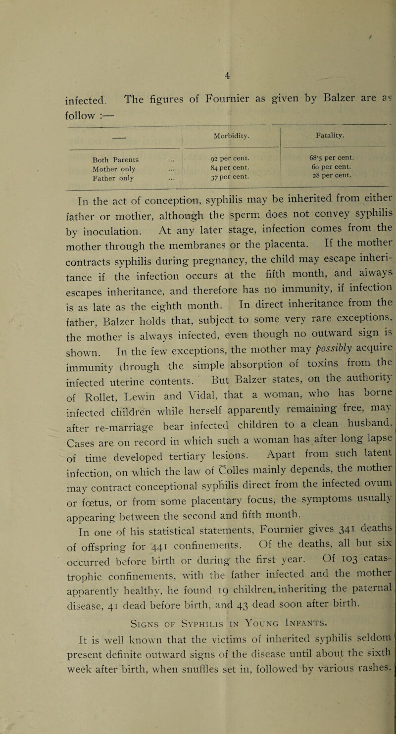 / infected. The figures of Fournier as given by Balzer are as follow :— | Morbidity. 1 Fatality. Both Parents 92 per cent. 68-5 per cent. Mother only 84 per cent. 60 per cent. Father only 37 per cent. 28 per cent. In the act of conception, syphilis may be inherited from either father or mother, although the sperm does not convey syphilis by inoculation. At any later stage, infection comes from the mother through the membranes or the placenta. If the mother contracts syphilis during pregnancy, the child may escape inheri¬ tance if the infection occurs at the fifth month, and always escapes inheritance, and therefore has no immunity, if infection is as late as the eighth month. In direct inheritance from the father, Balzer holds that, subject to some very rare exceptions, the mother is always infected, even though no outward sign is shown. In the few exceptions, the mother may possibly acquire immunity through the simple absorption of toxins from the infected uterine contents. But Balzer states, on the authority of Rollet, Lewin and Vidal, that a woman, who has borne infected children while herself apparently remaining free, may after re-marriage bear infected children to a clean husband. Cases are on record in which such a woman has after long lapse of time developed tertiary lesions. Apart from such latent infection, on which the law of Colies mainly depends, the mother may contract conceptional syphilis direct from the infected ovum or foetus, or from some placentary focus, the symptoms usually appearing between the second and fifth month. In one of his statistical statements, Fournier gives 341 deaths of offspring for 44^ confinements. Of the deaths, all but six occurred before birth or during the first year. Of 103 catas¬ trophic confinements, with the father infected and the mother apparently healthy, he found 19 children*inheriting the paternal disease, 41 dead before birth, and 43 dead soon after birth. Signs of Syphilis in Young Infants. It is well known that the victims of inherited syphilis seldom present definite outward signs of the disease until about the sixth week after birth, when snuffles set in, followed by various rashes.