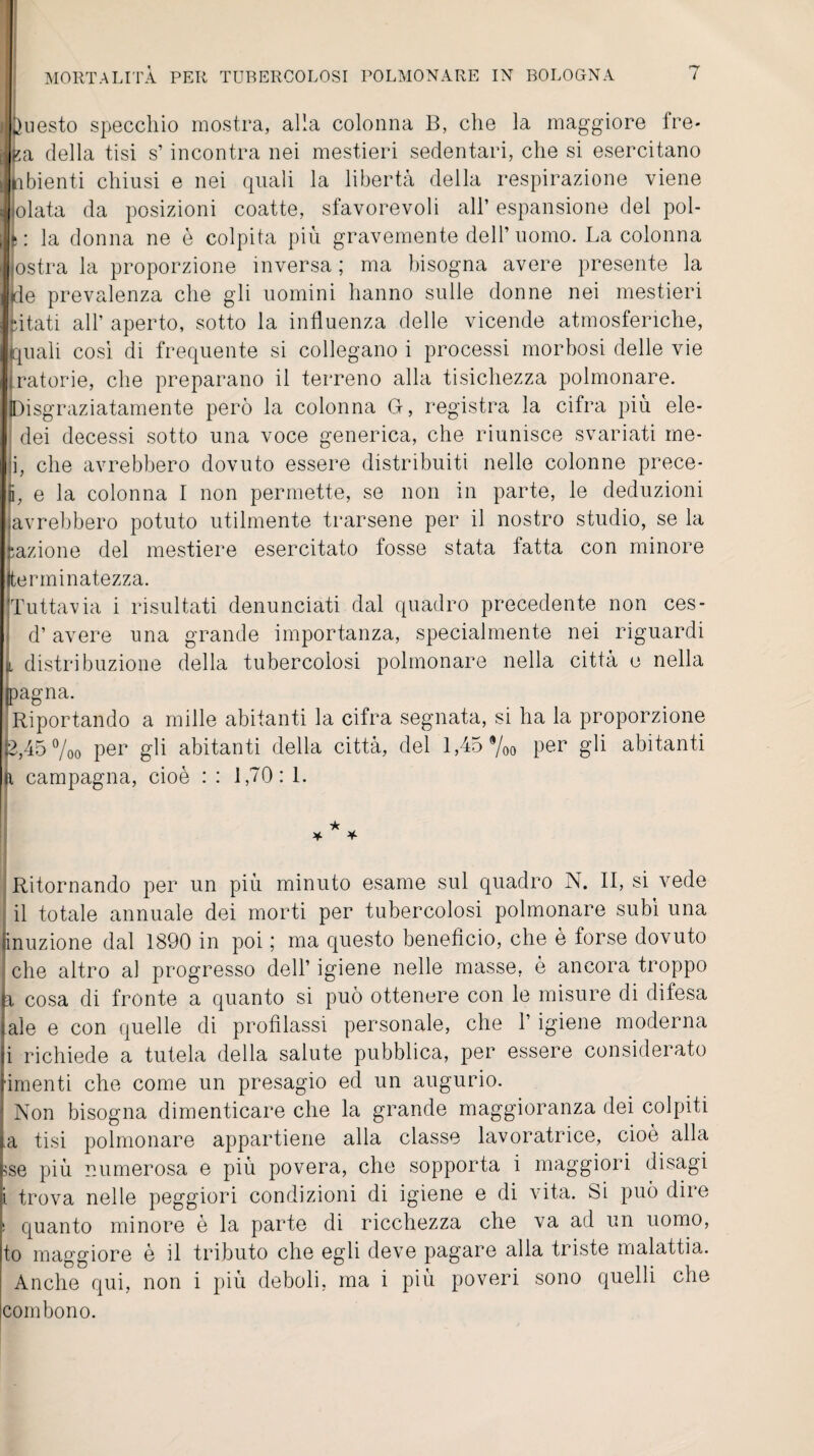 I gESjj j buesto specchio mostra, alla colonna B, che la maggiore fre¬ ga della tisi s’incontra nei mestieri sedentari, che si esercitano udienti chiusi e nei quali la libertà della respirazione viene piata da posizioni coatte, sfavorevoli all’ espansione del pol- l \ la donna ne è colpita più gravemente dell’uomo. La colonna ostra la proporzione inversa ; ma bisogna avere presente la de prevalenza che gli uomini hanno sulle donne nei mestieri “itati all’ aperto, sotto la influenza delle vicende atmosferiche, quali così di frequente si collegano i processi morbosi delle vie Iratorie, che preparano il terreno alla tisichezza polmonare. [Disgraziatamente però la colonna G, registra la cifra più eie- dei decessi sotto una voce generica, che riunisce svariati me¬ li, che avrebbero dovuto essere distribuiti nelle colonne prece- fi, e la colonna I non permette, se non in parte, le deduzioni avrebbero potuto utilmente trarsene per il nostro studio, se la fazione del mestiere esercitato fosse stata fatta con minore fterininatezza. Tuttavia i risultati denunciati dal quadro precedente non ces- d’avere una grande importanza, specialmente nei riguardi |i distribuzione della tubercolosi polmonare nella città e nella jpagna. Riportando a mille abitanti la cifra segnata, si ha la proporzione Ì2,45 %o per gli abitanti della città, del l,45§/oo per gli abitanti r campagna, cioè : : 1,70: 1. Ritornando per un più minuto esame sul quadro N. II, si vede il totale annuale dei morti per tubercolosi polmonare subì una jinuzione dal 1890 in poi ; ma questo benefìcio, che è forse dovuto ; che altro al progresso dell’ igiene nelle masse, è ancora troppo a cosa di fronte a quanto si può ottenere con le misure di difesa ale e con quelle di profilassi personale, che V igiene moderna i richiede a tutela della salute pubblica, per essere considerato fruenti che come un presagio ed un augurio. Non bisogna dimenticare che la grande maggioranza dei colpiti ,a tisi polmonare appartiene alla classe lavoratrice, cioè alla >se più numerosa e più povera, che sopporta i maggiori disagi i trova nelle peggiori condizioni di igiene e di vita. Si può dire ; quanto minore è la parte di ricchezza che va ad un uomo, to maggiore è il tributo che egli deve pagare alia triste malattia. Anche qui, non i più deboli, ma i piu poveri sono quelli che combono.