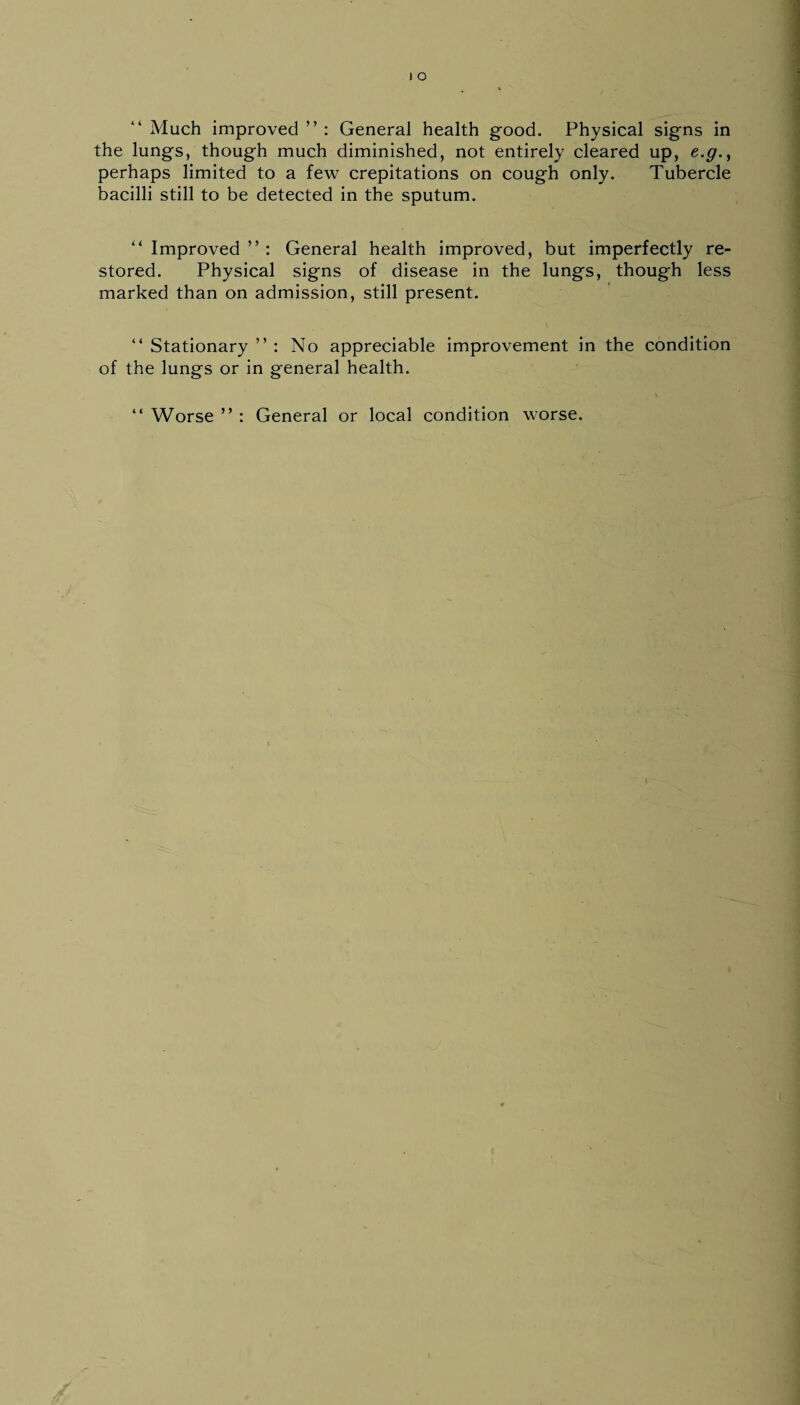 Much improved ” : General health good. Physical signs in the lungs, though much diminished, not entirely cleared up, e.$r., perhaps limited to a few crepitations on cough only. Tubercle bacilli still to be detected in the sputum. “ Improved ” : General health improved, but imperfectly re¬ stored. Physical signs of disease in the lungs, though less marked than on admission, still present. “ Stationary ” : No appreciable improvement in the condition of the lungs or in general health. & c Worse ” : General or local condition worse.