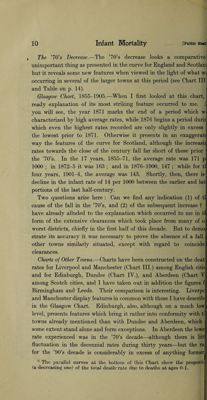 The ’70’s Decrease.-—The ’70’s decrease looks a comparative unimportant thing as presented in the curve for England and Scotian but it reveals some new features when viewed in the light of what w, occurring in several of the larger towns at this period (see Chart III and Table on p. 14). Glasgow Chart, 1855-1905.—When I first looked at this chart, ready explanation of its most striking feature occurred to me. . you will see, the year 1871 marks the end of a period which w; characterized by high average rates, while 1876 begins a period durii which even the highest rates recorded are only slightly in excess the lowest prior to 1871. Otherwise it presents in an exaggerate way the features of the curve for Scotland, although the increasii rates towards the close of the century fall far short of those prior the ’70’s. In the 17 years, 1855-71, the average rate was 171 p 1000 ; in 1872-5 it was 163 ; and in 1876-1900, 147 ; while for tl four years, 1901-4, the average was 143. Shortly, then, there is decline in the infant rate of 14 per 1000 between the earlier and lat portions of the last half-century. Two questions arise here : Can we find any indication (1) of tl cause of the fall in the ’70’s, and (2) of the subsequent increase ? have already alluded to the explanation which occurred to me in tl form of the extensive clearances which took place from many of o worst districts, chiefly in the first half of this decade. But to demo strate its accuracy it was necessary to prove the absence of a fall other towns similarly situated, except with regard to coincide clearances. Charts of Other Towns.—Charts have been constructed on the deat rates for Liverpool and Manchester (Chart III.) among English citie and for Edinburgh, Dundee (Chart IV.), and Aberdeen (Chart V among Scotch cities, and I have taken out in addition the figures f Birmingham and Leeds. Their comparison is interesting. Liverpc and Manchester display features in common with those I have describ in the Glasgow Chart. Edinburgh, also, although on a much lowj level, presents features which bring it rather into conformity with t] towns already mentioned than with Dundee and Aberdeen, which some extent stand alone and form exceptions. In Aberdeen the low rate experienced was in the ’70’s decade—although there is lit! fluctuation in the decennial rates during thirty years—but the ra for the ’90’s decade is considerably in excess of anything former * The parallel curves at the bottom of this Chart show the proporti (a decreasing one) of the total death-rate due to deaths at ages 0-1.