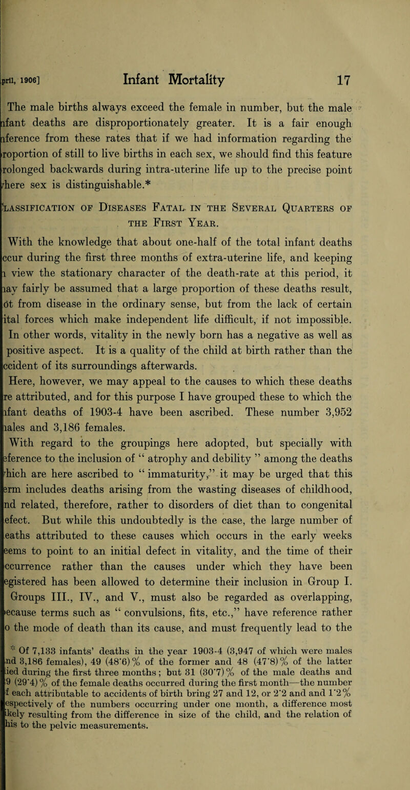 The male births always exceed the female in number, but the male nfant deaths are disproportionately greater. It is a fair enough iference from these rates that if we had information regarding the iroportion of still to live births in each sex, we should find this feature rolonged backwards during intra-uterine life up to the precise point diere sex is distinguishable.* Classification of Diseases Fatal, in the Several Quarters of the First Year. With the knowledge that about one-half of the total infant deaths ccur during the first three months of extra-uterine life, and keeping 1 view the stationary character of the death-rate at this period, it lav fairly be assumed that a large proportion of these deaths result, ot from disease in the ordinary sense, but from the lack of certain ital forces which make independent life difficult, if not impossible. In other words, vitality in the newly born has a negative as well as positive aspect. It is a quality of the child at birth rather than the ccident of its surroundings afterwards. Here, however, we may appeal to the causes to which these deaths re attributed, and for this purpose I have grouped these to which the lfant deaths of 1903-4 have been ascribed. These number 3,952 lales and 3,186 females. With regard to the groupings here adopted, but specially with iference to the inclusion of “ atrophy and debility ” among the deaths diich are here ascribed to “ immaturity,” it may be urged that this srm includes deaths arising from the wasting diseases of childhood, nd related, therefore, rather to disorders of diet than to congenital efect. But while this undoubtedly is the case, the large number of eaths attributed to these causes which occurs in the early weeks eems to point to an initial defect in vitality, and the time of their ccurrence rather than the causes under which they have been egistered has been allowed to determine their inclusion in Group I. Groups III., IV., and V., must also be regarded as overlapping, ►ecause terms such as “ convulsions, fits, etc.,” have reference rather o the mode of death than its cause, and must frequently lead to the  Of 7,133 infants’ deaths in the year 1903-4 (3,947 of which were males 'lid 3,186 females), 49 (48'6)% of the former and 48 (47'8)% of the latter ied during the first three months; but 31 (30‘7)/o of the male deaths and 9 (29'4) % of the female deaths occurred during the first month—the number f each attributable to accidents of birth bring 27 and 12, or 2'2 and and 1'2% espectively of the numbers occurring under one month, a difference most ikely resulting from the difference in size of the child, and the relation of his to the pelvic measurements.