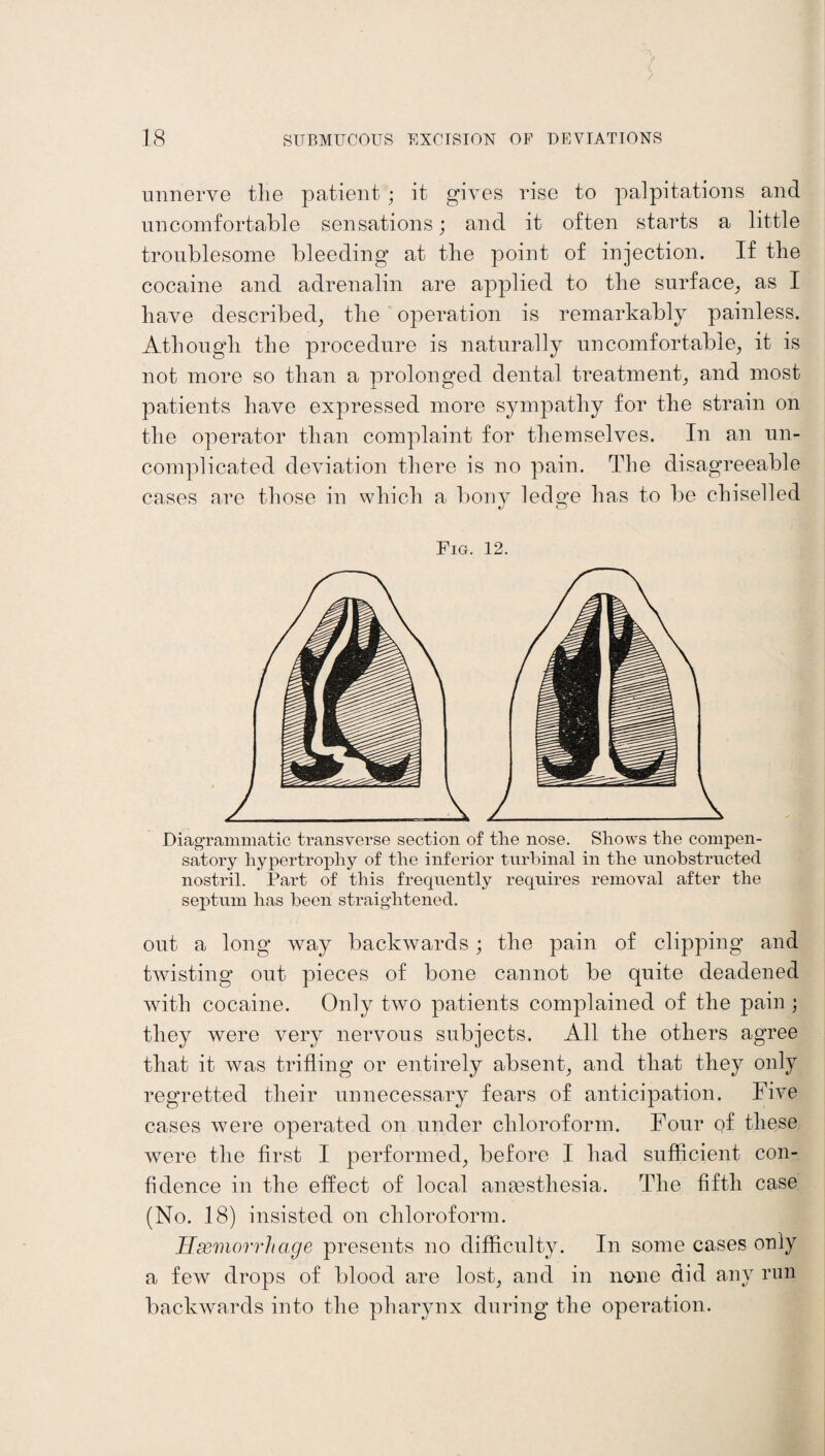 unnerve the patient; it gives rise to palpitations and uncomfortable sensations; and it often starts a little troublesome bleeding at the point of injection. If the cocaine and adrenalin are applied to the surface, as I have described, the operation is remarkably painless. Athough the procedure is naturally uncomfortable, it is not more so than a prolonged dental treatment, and most patients have expressed more sympathy for the strain on the operator than complaint for themselves. In an un¬ complicated deviation there is no pain. The disagreeable cases are those in which a bony ledge has to be chiselled Fig. 12. Diagrammatic transverse section of tlie nose. Shows the compen¬ satory hypertrophy of the inferior tnrhinal in the unobstructed nostril. Part of this frequently requires removal after the septum has been straightened. out a long way backwards; the pain of clipping and twisting out pieces of bone cannot be quite deadened with cocaine. Only two patients complained of the pain ; they were very nervous subjects. All the others agree that it was trifling or entirely absent, and that they only regretted their unnecessary fears of anticipation. Five cases were operated on under chloroform. Four of these were the first I performed, before I had sufficient con¬ fidence in the effect of local anaesthesia. The fifth case (No. 18) insisted on chloroform. Haemorrhage presents no difficulty. In some cases only a few drops of blood are lost, and in none did any run backwards into the pharynx during the operation.