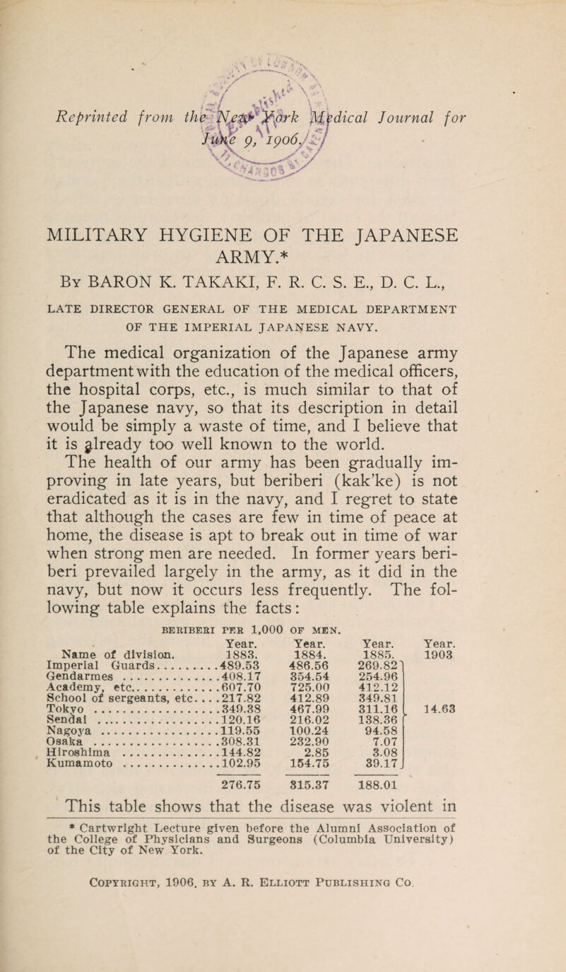 MILITARY HYGIENE OF THE JAPANESE ARMY* By BARON K. TAKAKI, F. R. C. S. E., D. C. L., LATE DIRECTOR GENERAL OF THE MEDICAL DEPARTMENT OF THE IMPERIAL JAPANESE NAVY. The medical organization of the Japanese army department with the education of the medical officers, the hospital corps, etc., is much similar to that of the Japanese navy, so that its description in detail would be simply a waste of time, and I believe that it is already too well known to the world. The health of our army has been gradually im¬ proving in late years, but beriberi (kak’ke) is not eradicated as it is in the navy, and I regret to state that although the cases are few in time of peace at home, the disease is apt to break out in time of war when strong men are needed. In former years beri¬ beri prevailed largely in the army, as it did in the navy, but now it occurs less frequently. The fol¬ lowing table explains the facts: BERIBERI PER 1,000 OF MEN. Year. Year. Year. Year. Name of division. 1883. 1884. 1885. 1903 Imperial Guards. 489.53 486.56 269.82' Gendarmes . .408.17 354.54 254.96 Academy, etc. .607.70 725.00 412.12 School of sergeants, etc... .217.82 412.89 349.81 Tokyo . .349.38 467.99 311.16 14.63 Sendai . .120.16 216.02 138.36 Nagoya . 119.55 100.24 94.58 Osaka . .308.31 232.90 7.07 Hiroshima . .144.82 2.85 3.08 Kumamoto . .102.95 154.75 39.17 J 276.75 315.37 188.01 This table shows that the disease was violent in * Cartwright Lecture given before the Alumni Association of the College of Physicians and Surgeons (Columbia University) of the City of New York. Copyright, 1906. by A. R. Elliott Publishing Co