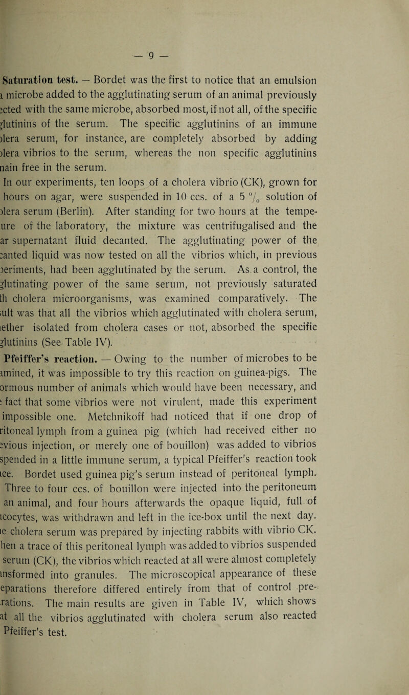 Saturation test. — Bordet was the first to notice that an emulsion \ microbe added to the agglutinating serum of an animal previously >cted with the same microbe, absorbed most, if not all, of the specific ylutinins of the serum. The specific agglutinins of an immune )lera serum, for instance, are completely absorbed by adding >lera vibrios to the serum, whereas the non specific agglutinins nain free in the serum. In our experiments, ten loops of a cholera vibrio (CK), grown for hours on agar, were suspended in 10 ccs. of a 5 % solution of )lera serum (Berlin). After standing for two hours at the tempe- ure of the laboratory, the mixture was centrifugalised and the ar supernatant fluid decanted. The agglutinating power of the :anted liquid was now tested on all the vibrios which, in previous jeriments, had been agglutinated by the serum. As a control, the glutinating power of the same serum, not previously saturated th cholera microorganisms, was examined comparatively. The iult was that all the vibrios which agglutinated with cholera serum, lether isolated from cholera cases or not, absorbed the specific glutinins (See Table IV). Pfeiffer's reaction. — Owing to the number of microbes to be imined, it was impossible to try this reaction on guinea-pigs. The ormous number of animals which would have been necessary, and i fact that some vibrios were not virulent, made this experiment impossible one. Metchnikoff had noticed that if one drop of ritoneal lymph from a guinea pig (which had received either no svious injection, or merely one of bouillon) was added to vibrios spended in a little immune serum, a typical Pfeiffer's reaction took ice. Bordet used guinea pig's serum instead of peritoneal lymph. Three to four ccs. of bouillon were injected into the peritoneum an animal, and four hours afterwards the opaque liquid, full of icocytes, was withdrawn and left in the ice-box until the next day. ie cholera serum was prepared by injecting rabbits with vibrio CK. hen a trace of this peritoneal lymph was added to vibrios suspended serum (CK), the vibrios which reacted at all were almost completely msformed into granules. The microscopical appearance of these eparations therefore differed entirely from that of control pre-> rations. The main results are given in Table IV, which shows at all the vibrios agglutinated with cholera serum also reacted Pfeiffer’s test.