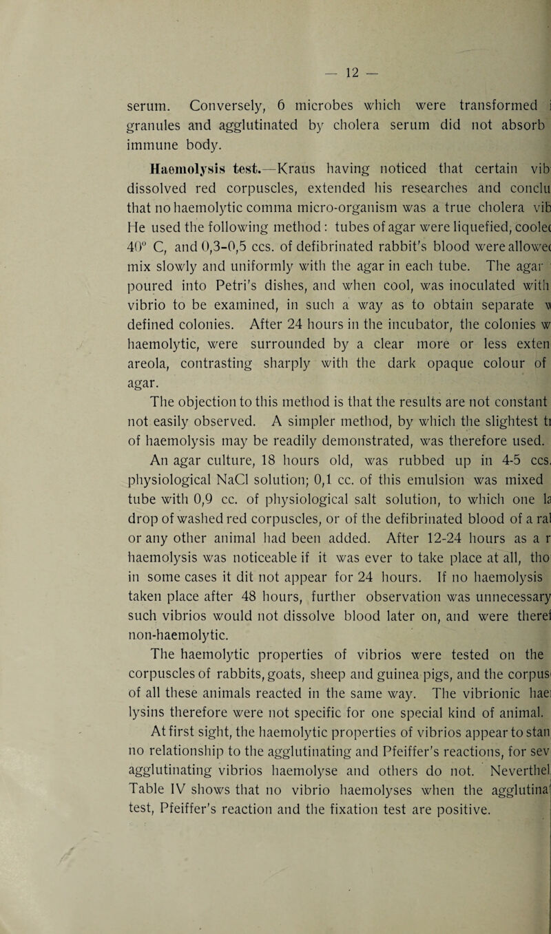 serum. Conversely, 6 microbes which were transformed i granules and agglutinated by cholera serum did not absorb immune body. Haemolysis test.—Kraus having noticed that certain vib: dissolved red corpuscles, extended his researches and conclu that no haemolytic comma micro-organism was a true cholera vib He used the following method : tubes of agar were liquefied, coolec 40° C, and 0,3-0,5 ccs. of defibrinated rabbit's blood wereallowe( mix slowly and uniformly with the agar in each tube. The agar poured into Petri's dishes, and when cool, was inoculated with vibrio to be examined, in such a way as to obtain separate v defined colonies. After 24 hours in the incubator, the colonies w haemolytic, were surrounded by a clear more or less exten areola, contrasting sharply with the dark opaque colour of agar. The objection to this method is that the results are not constant not easily observed. A simpler method, by which the slightest ti of haemolysis may be readily demonstrated, was therefore used. An agar culture, 18 hours old, was rubbed up in 4-5 ccs. physiological NaCl solution; 0,1 cc. of this emulsion was mixed tube with 0,9 cc. of physiological salt solution, to which one la drop of washed red corpuscles, or of the defibrinated blood of a ral or any other animal had been added. After 12-24 hours as a r haemolysis was noticeable if it was ever to take place at all, tho in some cases it dit not appear for 24 hours. If no haemolysis taken place after 48 hours, further observation was unnecessary such vibrios would not dissolve blood later on, and were there! non-haemolytic. The haemolytic properties of vibrios were tested on the corpuscles of rabbits, goats, sheep and guinea pigs, and the corpus' of all these animals reacted in the same way. The vibrionic haei lysins therefore were not specific for one special kind of animal. At first sight, the haemolytic properties of vibrios appear to stan no relationship to the agglutinating and Pfeiffer's reactions, for sev agglutinating vibrios haemolyse and others do not. Neverthel Table IV shows that no vibrio haemolyses when the agglutina test, Pfeiffer's reaction and the fixation test are positive.