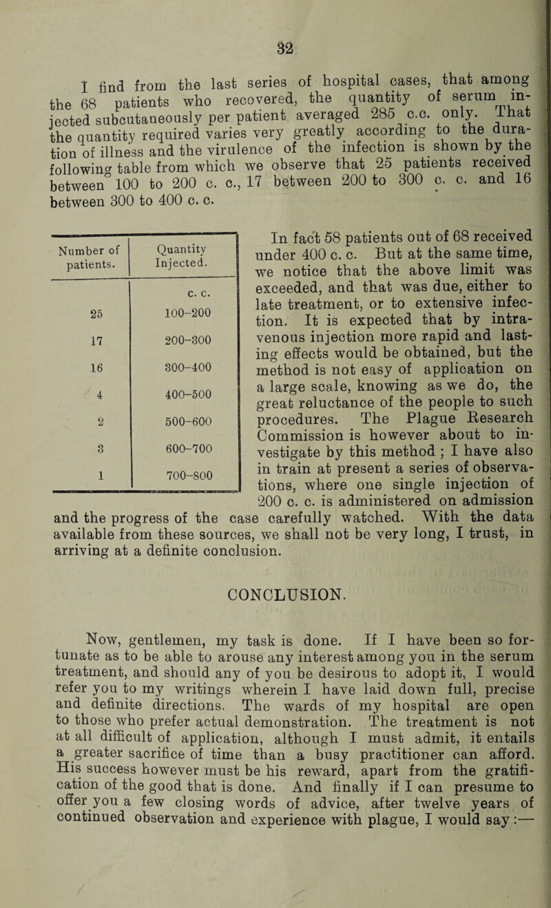 I find from the last series of hospital cases, that among the 68 patients who recovered, the quantity of serum in¬ jected subcutaneously per patient averaged 285 c.c. only. Ihat the quantity required varies very greatly according to the dura¬ tion of illness and the virulence of the infection is shown by the followin'* table from which we observe that 25 patients received between0100 to 200 c. c., 17 between 200 to 300 c. c. and 16 between 300 to 400 c. c. Number of patients. ~~— - 1 - Quantity Injected. c. c. 25 100-200 17 200-300 16 300-400 4 400-500 2 500-600 3 600-700 1 700-800 In fact 58 patients out of 68 received under 400 c. c. But at the same time, we notice that the above limit was exceeded, and that was due, either to late treatment, or to extensive infec¬ tion. It is expected that by intra¬ venous injection more rapid and last¬ ing effects would be obtained, but the method is not easy of application on a large scale, knowing as we do, the great reluctance of the people to such procedures. The Plague Research Commission is however about to in¬ vestigate by this method ; I have also in train at present a series of observa¬ tions, where one single injection of 200 c. c. is administered on admission and the progress of the case carefully watched. With the data available from these sources, we shall not be very long, I trust, in arriving at a definite conclusion. CONCLUSION. Now, gentlemen, my task is done. If I have been so for¬ tunate as to be able to arouse any interest among you in the serum treatment, and should any of you be desirous to adopt it, I would refer you to my writings wherein I have laid down full, precise and definite directions. The wards of my hospital are open to those who prefer actual demonstration. The treatment is not at all difficult of application, although I must admit, it entails a greater sacrifice of time than a busy practitioner can afford. His success however must be his reward, apart from the gratifi¬ cation of the good that is done. And finally if I can presume to offer you a few closing words of advice, after twelve years of continued observation and experience with plague, I would say:—