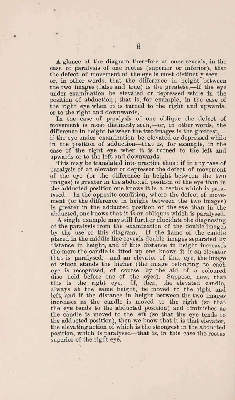 f 6 A glance at the diagram therefore at once reveals, in the case of paralysis of one rectus (superior or inferior), that the defect of movement of the eye is most distinctly seen,— or, in other words, that the difference in height between the two images (false and true) is the greatest,—if the eye under examination be elevated or depressed while in the position of abduction ; that is, for example, in the case of the right eye when it is turned to the right and upwards, or to the right and downwards. In the case of paralysis of one oblique the defect of movement is most distinctly seen,—or, in other words, the difference in height between the two images is the greatest,— if the eye under examination be elevated or depressed while in the position of adduction—that is, for example, in the case of the right eye when it is turned to the left and upwards or to the left and downwards. This may be translated into practice thus: if in any case of paralysis of an elevator or depressor the defect of movement of the eye (or the difference in height between the two images) is greater in the abducted position of the eye than in the adducted position one knows it is a rectus which is para¬ lysed. In the opposite condition, where the defect of move¬ ment (or the difference in height between the two images) is greater in the adducted position of the eye than in the abducted, one knows that it is an obliquus which is paralysed. A single example may still further elucidate the diagnosing of the paralysis from the examination of the double images by the use of this diagram. If the flame of the candle placed in the middle line reveals double images separated by distance in height, and if this distance in height increases the more the candle is lifted up one knows it is an elevator that is paralysed,—and an elevator of that eje, the image of which stands the higher (the image belonging to each eye is recognised, of course, by the aid of a coloured disc held before one of the eyes). Suppose, now, that this is the right eye. If, then, the elevated candle, always at the same height, be moved to the right and left, and if the distance in height between the two images increases as the candle is moved to the right (so that the eye tends to the abducted position) and diminishes as the candle is moved to the left (so that the eye tends to the adducted position), then we know that it is that elevator, the elevating action of which is the strongest in the abducted position, which is paralysed—that is, in this case the rectus superior of the right eye.