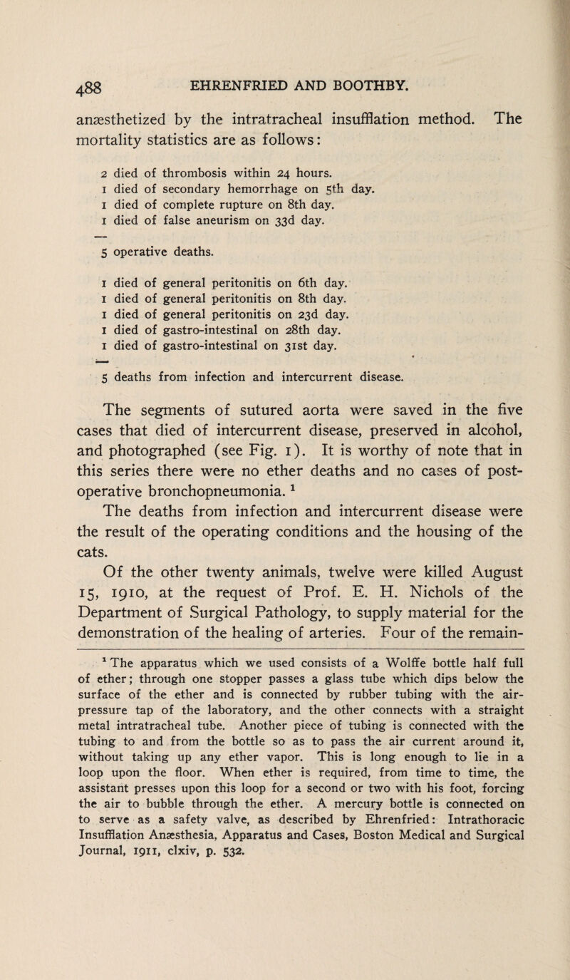anaesthetized by the intratracheal insufflation method. The mortality statistics are as follows: 2 died of thrombosis within 24 hours. 1 died of secondary hemorrhage on 5th day. 1 died of complete rupture on 8th day. 1 died of false aneurism on 33d day. 5 operative deaths. 1 died of general peritonitis on 6th day. 1 died of general peritonitis on 8th day. 1 died of general peritonitis on 23d day. 1 died of gastro-intestinal on 28th day. 1 died of gastro-intestinal on 31st day. 5 deaths from infection and intercurrent disease. The segments of sutured aorta were saved in the five cases that died of intercurrent disease, preserved in alcohol, and photographed (see Fig. 1). It is worthy of note that in this series there were no ether deaths and no cases of post¬ operative bronchopneumonia.1 The deaths from infection and intercurrent disease were the result of the operating conditions and the housing of the cats. Of the other twenty animals, twelve were killed August 15, 1910, at the request of Prof. E. H. Nichols of the Department of Surgical Pathology, to supply material for the demonstration of the healing of arteries. Four of the remain- 1 The apparatus which we used consists of a Wolffe bottle half full of ether; through one stopper passes a glass tube which dips below the surface of the ether and is connected by rubber tubing with the air- pressure tap of the laboratory, and the other connects with a straight metal intratracheal tube. Another piece of tubing is connected with the tubing to and from the bottle so as to pass the air current around it, without taking up any ether vapor. This is long enough to lie in a loop upon the floor. When ether is required, from time to time, the assistant presses upon this loop for a second or two with his foot, forcing the air to bubble through the ether. A mercury bottle is connected on to serve as a safety valve, as described by Ehrenfried: Intrathoracic Insufflation Anaesthesia, Apparatus and Cases, Boston Medical and Surgical Journal, 1911, clxiv, p. 532.
