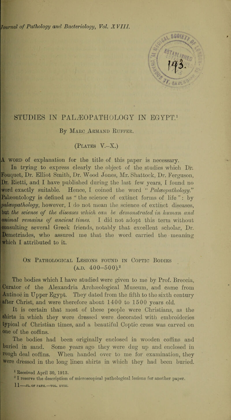 Journal of Pathology and Bacteriology, Vol. X VIII. STUDIES IN PALEOPATHOLOGY IN EGYPT.1 By Marc Armand Buffer. (Plates V.-X.) A WORD of explanation for the title of this paper is necessary. In trying to express clearly the object of the studies which Dr. Foucpiet, Dr. Elliot Smith, Dr. Wood Jones, Air. Shattock, Dr. Ferguson, Dr. Eietti, and I have published during the last few years, I found no word exactly suitable. Hence, I coined the word “ Paloeopathology” Palaeontology is defined as “ the science of extinct forms of life ” : by palceopathology, however, I do not mean the science of extinct diseases, but the science of the diseases which can be demonstrated in human and animal remains of ancient times. I did not adopt this term without consulting several Greek friends, notably that excellent scholar, Dr. Demetriades, who assured me that the word carried the meaning which I attributed to it. On Pathological Lesions found in Coptic Bodies (a.d. 400-500).2 The bodies which I have studied were given to me by Prof. Breccia, Curator of the Alexandria Archaeological Museum, and came from Antinoe in Upper Egypt. They dated from the fifth to the sixth century after Christ, and were therefore about 1400 to 1500 years old. It is certain that most of these people were Christians, as the shirts in which they were dressed were decorated with embroideries typical of Christian times, and a beautiful Coptic cross was carved on one of the coffins. The bodies had been originally enclosed in wooden coffins and buried in sand. Some years ago they were dug up and enclosed in rough deal coffins. When handed over to me for examination, they were dressed in the long linen shirts in which they had been buried. 1 Received April 30, 1913. 2 I reserve the description of microscopical pathological lesions for another paper. 11-Jli. or PATH.—VOL. XVIII.