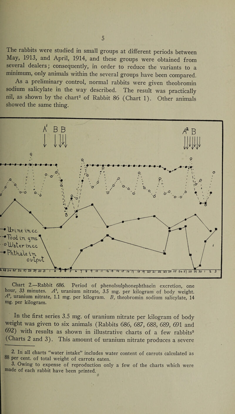 The labbits were studied in small groups at different periods between May, 1913, and April, 1914, and these groups were obtained from several dealers; consequently, in order to reduce the variants to a minimum, only animals within the several groups have been compared. As a preliminary control, normal rabbits were given theobromin sodium salicylate in the wa}r described. The result was practically nil, as shown by the chart of Rabbit 86 (Chart 1). Other animals showed the same thing. In the first series 3.5 mg. of uranium nitrate per kilogram of body weight was given to six animals (Rabbits 686, 687, 688, 689, 691 and 692) with results as shown in illustrative charts of a few rabbits2 3 (Charts 2 and 3). This amount of uranium nitrate produces a severe 2. In all charts “water intake” includes water content of carrots calculated as 88 per cent, of total weight of carrots eaten. 3. Owing to expense of reproduction only a few of the charts which made of each rabbit have been printed. were