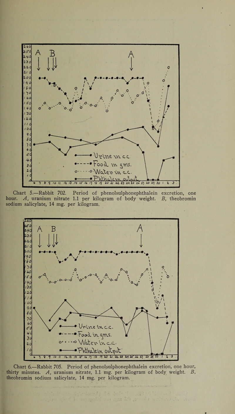 hour. A, uranium nitrate 1.1 per kilogram of body weight. B, theobromin sodium salicylate, 14 mg. per kilogram. Chart 6.—Rabbit 705. Period of phenolsulphonephthalein excretion, one hour, thirty minutes. A, uranium nitrate, 1.1 mg. per kilogram of body weight. B, theobromin sodium salicylate, 14 mg. per kilogram.