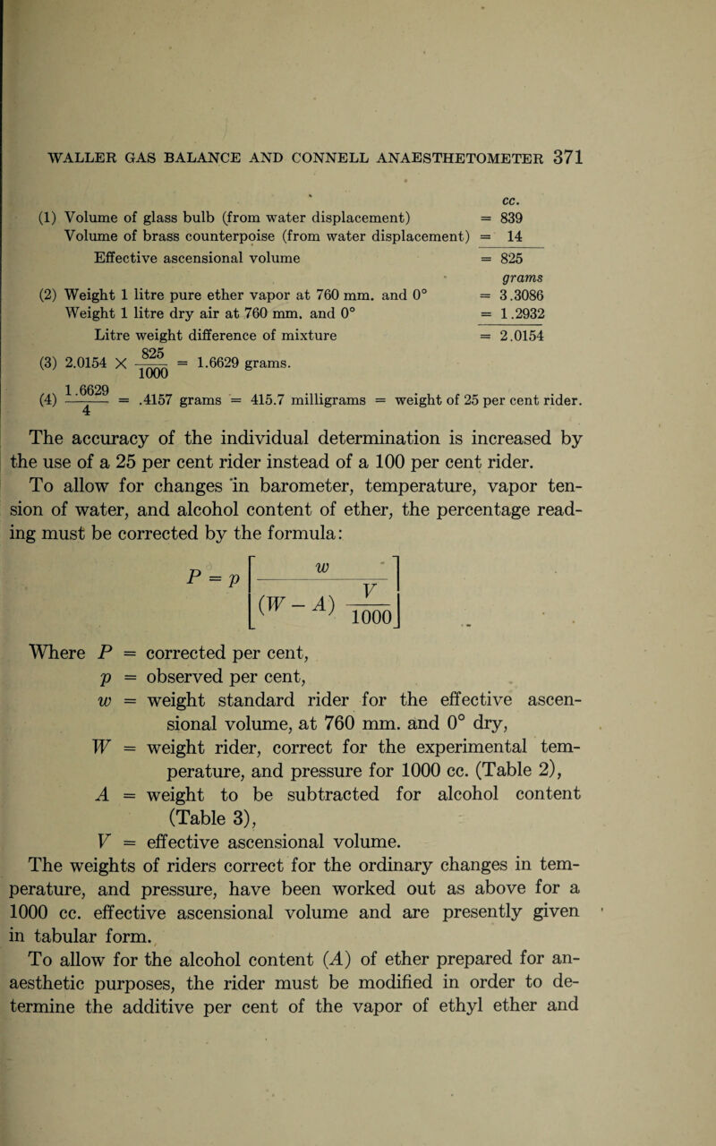 cc. (1) Volume of glass bulb (from water displacement) = 839 Volume of brass counterpoise (from water displacement) = 14 Effective ascensional volume = 825 grams (2) Weight 1 litre pure ether vapor at 760 mm. and 0° = 3.3086 Weight 1 litre dry air at 760 mm. and 0° = 1.2932 Litre weight difference of mixture = 2.0154 (3) 2.0154 X 1.6629 (4) —-— = 825 1000 1.6629 grams. .4157 grams = 415.7 milligrams = weight of 25 per cent rider. The accuracy of the individual determination is increased by the use of a 25 per cent rider instead of a 100 per cent rider. To allow for changes in barometer, temperature, vapor ten¬ sion of water, and alcohol content of ether, the percentage read¬ ing must be corrected by the formula: d P = p W (W - A) V 1000 Where P = corrected per cent, p = observed per cent, w = weight standard rider for the effective ascen¬ sional volume, at 760 mm. and 0° dry, W = weight rider, correct for the experimental tem¬ perature, and pressure for 1000 cc. (Table 2), A = weight to be subtracted for alcohol content (Table 3), V = effective ascensional volume. The weights of riders correct for the ordinary changes in tem¬ perature, and pressure, have been worked out as above for a 1000 cc. effective ascensional volume and are presently given in tabular form. r To allow for the alcohol content (A) of ether prepared for an¬ aesthetic purposes, the rider must be modified in order to de¬ termine the additive per cent of the vapor of ethyl ether and