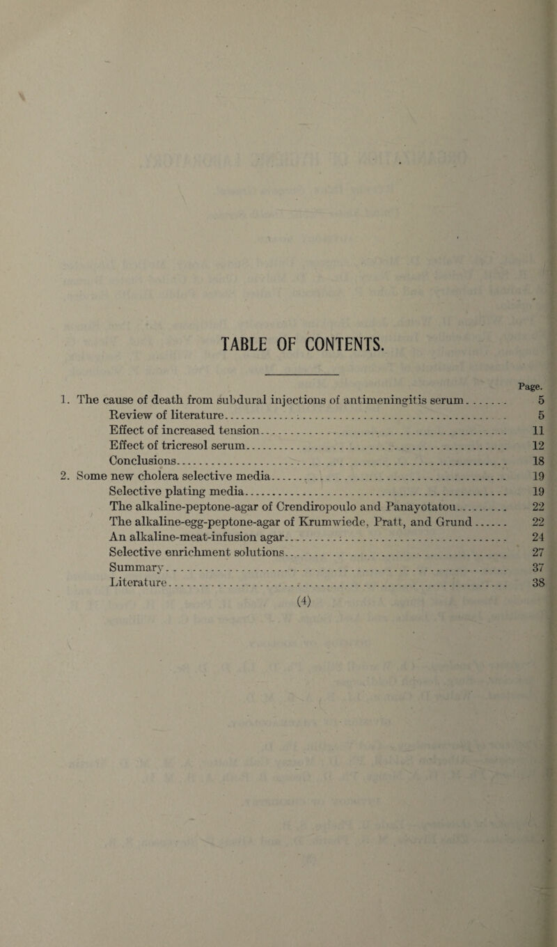 TABLE OF CONTENTS. Page. 1. The cause of death from subdural injections of antimeningitis serum. 5 Review of literature.:. 5 Effect of increased tension.. 11 Effect of tricresol serum. 12 Conclusions. 18 2. Some new cholera selective media. 19 Selective plating media. 19 The alkaline-peptone-agar of Crendiropoulo and Panayotatou. 22 The alkaline-egg-peptone-agar of Krumwiede, Pratt, and Grand. 22 An alkaline-meat-infusion agar.:. 24 Selective enrichment solutions. 27 Summary. 37 Literature. 38