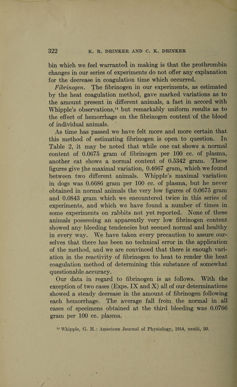 bin which we feel warranted in making is that the prothrombin changes in our series of experiments do not offer any explanation for the decrease in coagulation time which occurred. Fibrinogen. The fibrinogen in our experiments, as estimated by the heat coagulation method, gave marked variations as to the amount present in different animals, a fact in accord with Whipple’s observations,14 but remarkably uniform results as to the effect of hemorrhage on the fibrinogen content of the blood of individual animals. As time has passed we have felt more and more certain that this method of estimating fibrinogen is open to question. In Table 2, it may be noted that while one cat shows a normal content of 0.0675 gram of fibrinogen per 100 cc. of plasma, another cat shows a normal content of 0.5342 gram. These figures give the maximal variation, 0.4667 gram, which we found between two different animals. Whipple’s maximal variation in dogs was 0.6686 gram per 100 cc. of plasma, but he never obtained in normal animals the very low figures of 0.-0675 gram and 0.0843 gram which we encountered twice in this series of experiments, and which we have found a number of times in some experiments on rabbits not yet reported. None of these animals possessing an apparently very low fibrinogen content showed any bleeding tendencies but seemed normal and healthy in every way. We have taken every precaution to assure our¬ selves that there has been no technical error in the application of the method, and we are convinced that there is enough vari¬ ation in the reactivity of fibrinogen to heat to render the heat coagulation method of determining this substance of somewhat questionable, accuracy. Our data in regard to fibrinogen is as follows. With the exception of two cases (Exps. IX and X) all of our determinations showed a steady decrease in the amount of fibrinogen following each hemorrhage. The average fall from, the normal in all cases of specimens obtained at the third bleeding was 0.0766 gram per 100 cc. plasma. 14 Whipple, G. H.: American Journal of Physiology, 1914, xxxiii, 50. /
