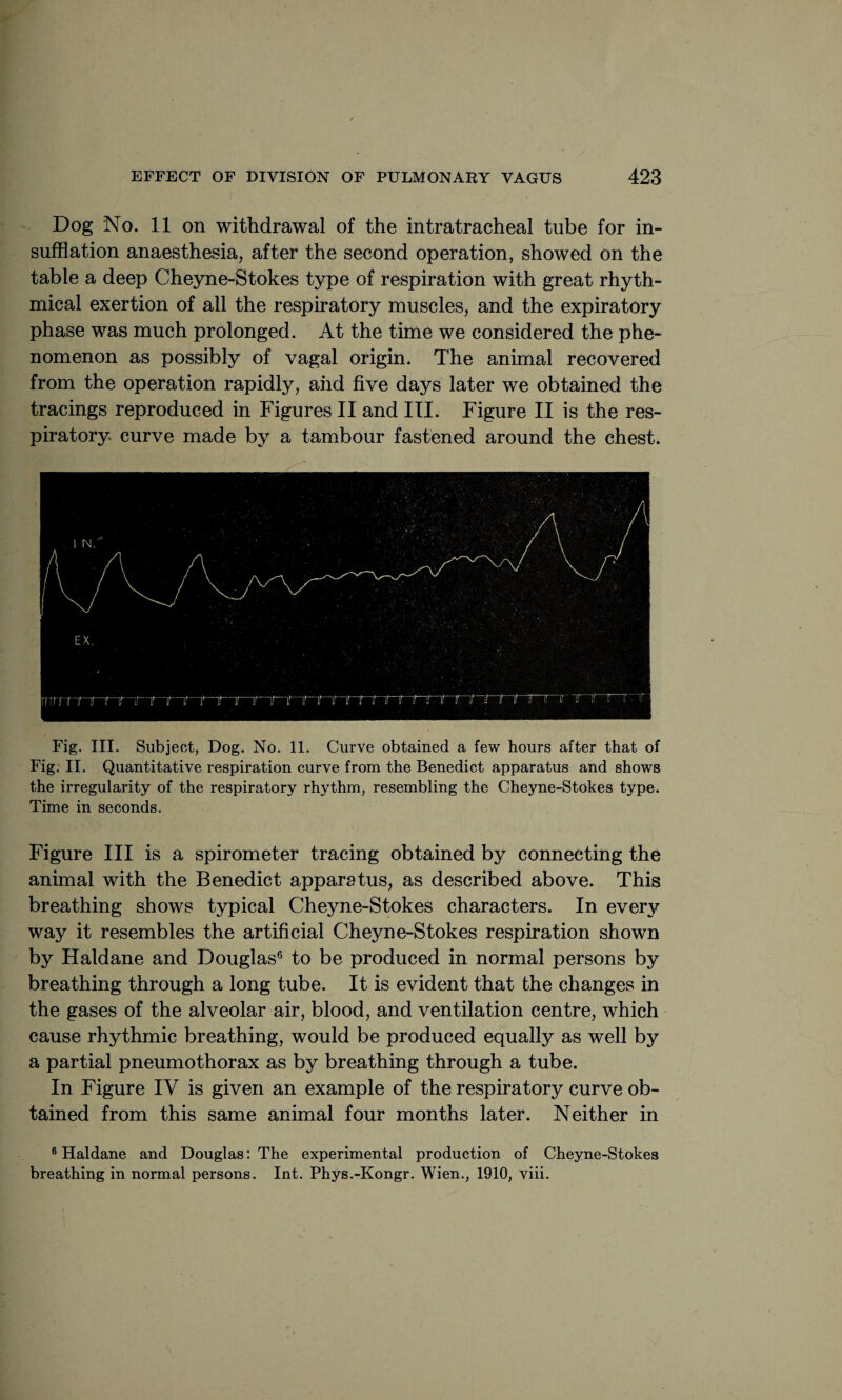 Dog No. 11 on withdrawal of the intratracheal tube for in¬ sufflation anaesthesia, after the second operation, showed on the table a deep Cheyne-Stokes type of respiration with great rhyth¬ mical exertion of all the respiratory muscles, and the expiratory phase was much prolonged. At the time we considered the phe¬ nomenon as possibly of vagal origin. The animal recovered from the operation rapidly, aiid five days later we obtained the tracings reproduced in Figures II and III. Figure II is the res¬ piratory curve made by a tambour fastened around the chest. Fig. III. Subject, Dog. No. 11. Curve obtained a few hours after that of Fig. II. Quantitative respiration curve from the Benedict apparatus and shows the irregularity of the respiratory rhythm, resembling the Cheyne-Stokes type. Time in seconds. Figure III is a spirometer tracing obtained by connecting the animal with the Benedict apparatus, as described above. This breathing shows typical Cheyne-Stokes characters. In even^ way it resembles the artificial Cheyne-Stokes respiration shown by Haldane and Douglas6 to be produced in normal persons by breathing through a long tube. It is evident that the changes in the gases of the alveolar air, blood, and ventilation centre, which cause rhythmic breathing, would be produced equally as well by a partial pneumothorax as by breathing through a tube. In Figure IV is given an example of the respiratory curve ob¬ tained from this same animal four months later. Neither in 6 Haldane and Douglas: The experimental production of Cheyne-Stokes breathing in normal persons. Int. Phys.-Kongr. Wien., 1910, viii.