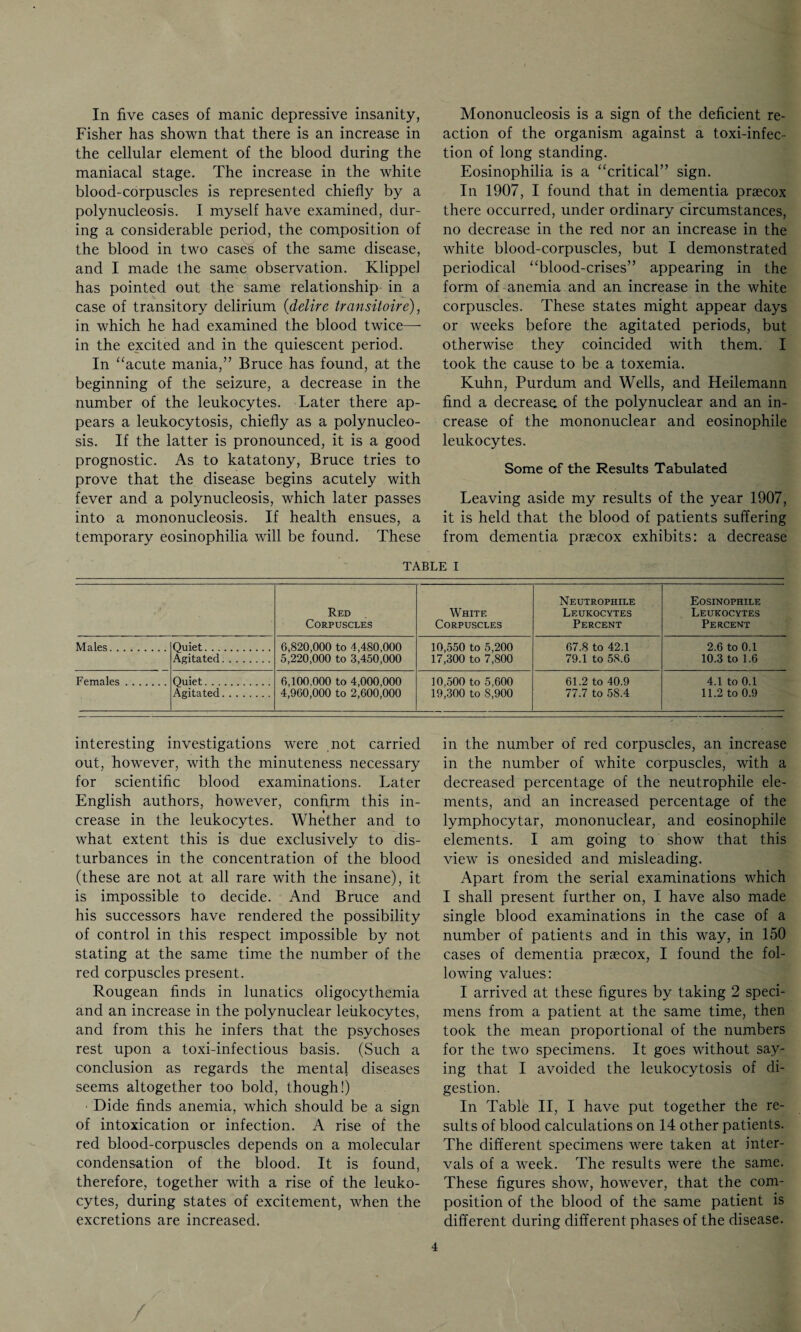 In five cases of manic depressive insanity, Fisher has shown that there is an increase in the cellular element of the blood during the maniacal stage. The increase in the white blood-corpuscles is represented chiefly by a polynucleosis. I myself have examined, dur¬ ing a considerable period, the composition of the blood in two cases of the same disease, and I made the same observation. Klippei has pointed out the same relationship in a case of transitory delirium (delire transitoire), in which he had examined the blood twice—- in the excited and in the quiescent period. In “acute mania,” Bruce has found, at the beginning of the seizure, a decrease in the number of the leukocytes. Later there ap¬ pears a leukocytosis, chiefly as a polynucleo¬ sis. If the latter is pronounced, it is a good prognostic. As to katatony, Bruce tries to prove that the disease begins acutely with fever and a polynucleosis, which later passes into a mononucleosis. If health ensues, a temporary eosinophilia will be found. These Mononucleosis is a sign of the deficient re¬ action of the organism against a toxi-infec- tion of long standing. Eosinophilia is a “critical” sign. In 1907, I found that in dementia prsecox there occurred, under ordinary circumstances, no decrease in the red nor an increase in the white blood-corpuscles, but I demonstrated periodical “blood-crises” appearing in the form of anemia and an increase in the white corpuscles. These states might appear days or weeks before the agitated periods, but otherwise they coincided with them. I took the cause to be a toxemia. Kuhn, Purdum and Wells, and Heilemann find a decrease, of the polynuclear and an in¬ crease of the mononuclear and eosinophile leukocytes. Some of the Results Tabulated Leaving aside my results of the year 1907, it is held that the blood of patients suffering from dementia praecox exhibits: a decrease TABLE I Red Corpuscles White Corpuscles Neutrophile Leukocytes Percent Eosinophile Leukocytes Percent Males. Quiet. Agitated. 6,820,000 to 4,480,000 5,220,000 to 3,450,000 10,550 to 5,200 17,300 to 7,800 67.8 to 42.1 79.1 to 58.6 2.6 to 0.1 10.3 to 1.6 Females. Quiet. Agitated. 6,100,000 to 4,000,000 4,960,000 to 2,600,000 10,500 to 5,600 19,300 to 8,900 61.2 to 40.9 77.7 to 58.4 4.1 to 0.1 11.2 to 0.9 interesting investigations were not carried out, however, with the minuteness necessary for scientific blood examinations. Later English authors, however, confirm this in¬ crease in the leukocytes. Whether and to what extent this is due exclusively to dis¬ turbances in the concentration of the blood (these are not at all rare with the insane), it is impossible to decide. And Bruce and his successors have rendered the possibility of control in this respect impossible by not stating at the same time the number of the red corpuscles present. Rougean finds in lunatics oligocythemia and an increase in the polynuclear leukocytes, and from this he infers that the psychoses rest upon a toxi-infectious basis. (Such a conclusion as regards the mental diseases seems altogether too bold, though!) ■ Dide finds anemia, which should be a sign of intoxication or infection. A rise of the red blood-corpuscles depends on a molecular condensation of the blood. It is found, therefore, together with a rise of the leuko¬ cytes, during states of excitement, when the excretions are increased. in the number of red corpuscles, an increase in the number of white corpuscles, with a decreased percentage of the neutrophile ele¬ ments, and an increased percentage of the lymphocytar, mononuclear, and eosinophile elements. I am going to show that this view is onesided and misleading. Apart from the serial examinations which I shall present further on, I have also made single blood examinations in the case of a number of patients and in this way, in 150 cases of dementia pnecox, I found the fol¬ lowing values: I arrived at these figures by taking 2 speci¬ mens from a patient at the same time, then took the mean proportional of the numbers for the two specimens. It goes without say¬ ing that I avoided the leukocytosis of di¬ gestion. In Table II, I have put together the re¬ sults of blood calculations on 14 other patients. The different specimens were taken at inter¬ vals of a week. The results were the same. These figures show, however, that the com¬ position of the blood of the same patient is different during different phases of the disease. / /