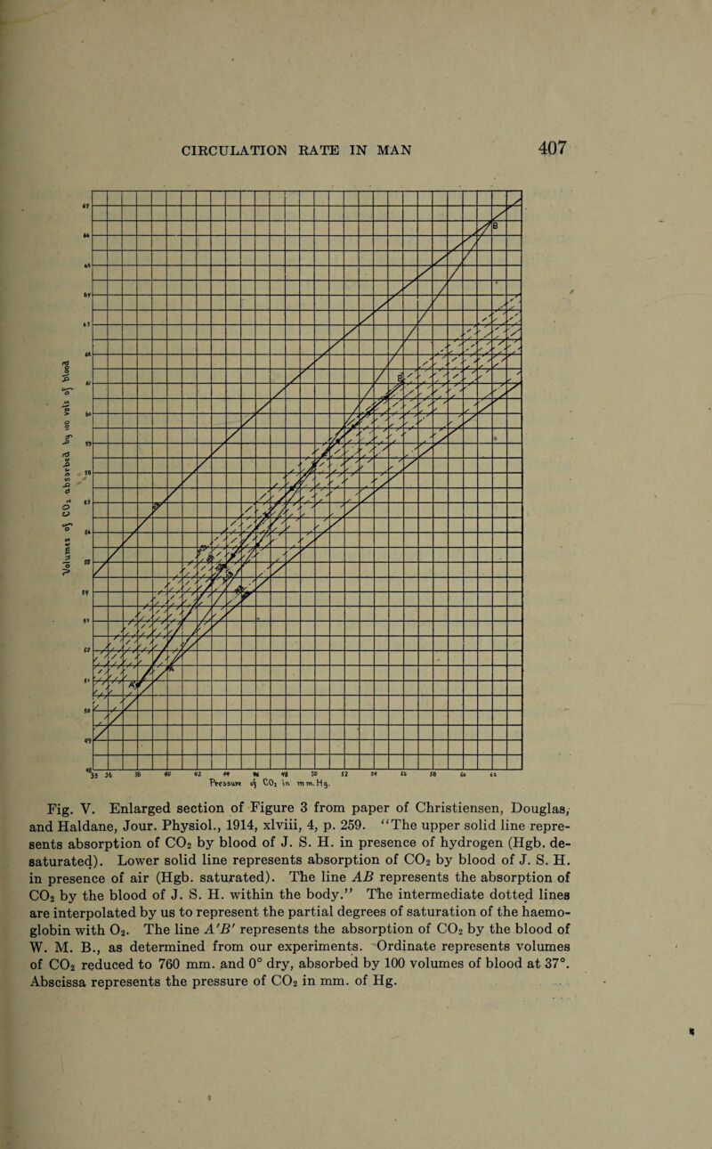 Fig. V. Enlarged section of Figure 3 from paper of Christiensen, Douglas, and Haldane, Jour. Physiol., 1914, xlviii, 4, p. 259. “The upper solid line repre¬ sents absorption of C02 by blood of J. S. H. in presence of hydrogen (Hgb. de- saturated). Lower solid line represents absorption of C02 by blood of J. S. H. in presence of air (Hgb. saturated). The line AB represents the absorption of C02 by the blood of J. S. H. within the body.” The intermediate dotted lines are interpolated by us to represent the partial degrees of saturation of the haemo¬ globin with 02. The line A'B’ represents the absorption of C02 by the blood of W. M. B., as determined from our experiments. Ordinate represents volumes of C02 reduced to 760 mm. and 0° dry, absorbed by 100 volumes of blood at 37°. Abscissa represents the pressure of C02 in mm. of Hg.