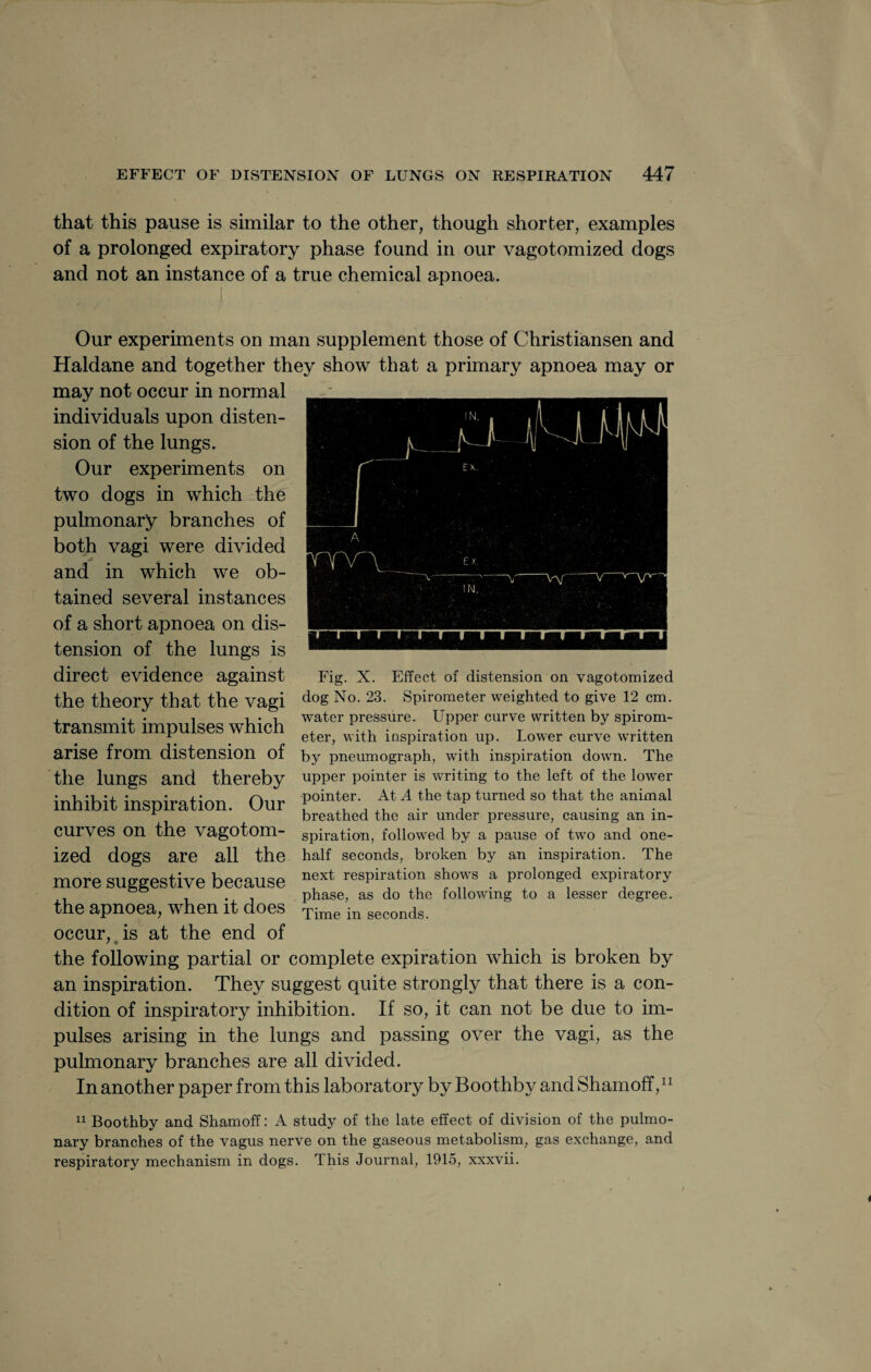 that this pause is similar to the other, though shorter, examples of a prolonged expiratory phase found in our vagotomized dogs and not an instance of a true chemical apnoea. Our experiments on man supplement those of Christiansen and Haldane and together they show that a primary apnoea may or may not occur in normal individuals upon disten¬ sion of the lungs. Our experiments on two dogs in which the pulmonary branches of both vagi were divided and in which we ob¬ tained several instances of a short apnoea on dis¬ tension of the lungs is direct evidence against Fig. X. Effect of distension on vagotomized the theory that the vagi dog No. 23. Spirometer weighted to give 12 cm. , ... -i 1*1 water pressure. Upper curve written by spirom- transmit impulses which , ... . T ... \ # eter, with inspiration up. Lower curve written arise from distension of by pneumograph, with inspiration down. The tile lungs and thereby upper pointer is writing to the left of the lower inhibit inspiration. Our Poin*fr', A the tUmed S° that the animal breathed the air under pressure, causing an m- CUrveS on the vagotom- spiration, followed by a pause of two and one- ized dogs are all the half seconds, broken by an inspiration. The more suggestive because next aspiration shows a prolonged expiratory . phase, as do the following to a lesser degree. the apnoea, when it does Time in seconds. occur, is at the end of the following partial or complete expiration which is broken by an inspiration. They suggest quite strongly that there is a con¬ dition of inspiratory inhibition. If so, it can not be due to im¬ pulses arising in the lungs and passing over the vagi, as the pulmonary branches are all divided. In another paper from this laboratory byBoothbv andShamoff,11 11 Boothby and Shamoff: A study of the late effect of division of the pulmo¬ nary branches of the vagus nerve on the gaseous metabolism, gas exchange, and respiratory mechanism in dogs. This Journal, 1915, xxxvii.