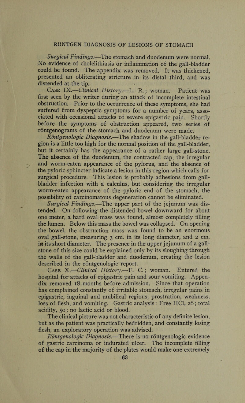 Surgical Findings.—The stomach and duodenum were normal. No evidence of cholelithiasis or inflammation of the gall-bladder could be found. The appendix was removed. It was thickened, presented an obliterating stricture in its distal third, and was distended at the tip. Case IX.—Clinical History.—L. R.; woman. Patient was first seen by the writer during an attack of incomplete intestinal obstruction. Prior to the occurrence of these symptoms, she had suffered from dyspeptic symptoms for a number of years, asso¬ ciated with occasional attacks of severe epigastric pain. Shortly before the symptoms of obstruction appeared, two series of rontgenograms of the stomach and duodenum were made. Rontgenologic Diagnosis.—The shadow in the gall-bladder re¬ gion is a little too high for the normal position of the gall-bladder, but it certainly has the appearance of a rather large gall-stone. The absence of the duodenum, the contracted cap, the irregular and worm-eaten appearance of the pylorus, and the absence of the pyloric sphincter indicate a lesion in this region which calls for surgical procedure. This lesion is probably adhesions from gall- bladder infection with a calculus, but considering the irregular worm-eaten appearance of the pyloric end of the stomach, the possibility of carcinomatous degeneration cannot be eliminated. Surgical Findings.—The upper part of the jejunum was dis¬ tended. On following the distended bowel downward for about one meter, a hard oval mass was found, almost completely filling the lumen. Below this mass the bowel was collapsed. On opening the bowel, the obstruction mass was found to be an enormous oval gall-stone, measuring 3 cm. in its long diameter, and 2 cm. in its short diameter. The presence in the upper jejunum of a gall¬ stone of this size could be explained only by its sloughing through the walls of the gall-bladder and duodenum, creating the lesion described in the rontgenologic report. Case X.—Clinical History.—F. C.; woman. Entered the hospital for attacks of epigastric pain and sour vomiting. Appen¬ dix removed 18 months before admission. Since that operation has complained constantly of irritable stomach, irregular pains in epigastric, inguinal and umbilical regions, prostration, weakness, loss of flesh, and vomiting. Gastric analysis: Free HC1, 26; total acidity, 50; no lactic acid or blood. The clinical picture was not characteristic of any definite lesion, but as the patient was practically bedridden, and constantly losing flesh, an exploratory operation was advised. Rontgenologic Diagnosis.—There is no rontgenologic evidence of gastric carcinoma or indurated ulcer. The incomplete filling of the cap in the majority of the plates would make one extremely