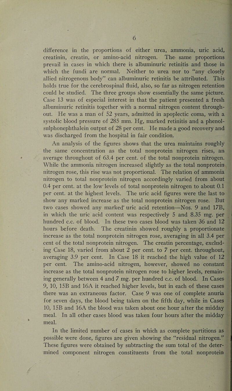 difference in the proportions of either urea, ammonia, uric acid, creatinin, creatin, or amino-acid nitrogen. The- same proportions prevail in cases in which there is albuminuric retinitis and those in which the fundi are normal. Neither to urea nor to “any closely allied nitrogenous body” can albuminuric retinitis be attributed. This holds true for the cerebrospinal fluid, also, so far as nitrogen retention could be studied. The three groups show essentially the same picture. Case 13 was of especial interest in that the patient presented a fresh albuminuric retinitis together with a normal nitrogen content through¬ out. He was a man of 52 years, admitted in apoplectic coma, with a systolic blood pressure of 285 mm. Hg, marked retinitis and a phenol- sulphonephthalein output of 28 per cent. He made a good recovery and was discharged from the hospital in fair condition. An analysis of the figures shows that the urea maintains roughly the same concentration as the total nonprotein nitrogen rises, an average throughout of 63.4 per cent, of the total nonprotein nitrogen. While the ammonia nitrogen increased slightly as the total nonprotein nitrogen rose, this rise was not proportional. The relation of ammonia nitrogen to total nonprotein nitrogen accordingly varied from about 0.4 per cent, at the low levels of total nonprotein nitrogen to about 0.1 per cent, at the highest levels. The uric acid figures were the last to show any marked increase as the total nonprotein nitrogen rose. But two cases showed any marked' uric acid retention—Nos. 9 and 17B, in which the uric acid content was respectively 5 and 8.35 mg. per hundred c.c. of blood. In these two cases blood was taken 36 and 12 hours before death. The creatinin showed roughly a proportionate increase as the total nonprotein nitrogen rose, averaging in all 3.4 per cent of the total nonprotein nitrogen. The creatin percentage, exclud¬ ing Case 18, varied from about 2 per cent, to 7 per cent., throughout, averaging 3.9 per cent. In Case 18 it reached the high value of 12 per cent. The amino-acid nitrogen, however, showed no constant increase as the total nonprotein nitrogen rose to higher levels, remain¬ ing generally between 4 and 7 mg. per hundred c.c. of blood. In Cases 9, 10, 15B and 16A it reached higher levels, but in each of these cases there was an extraneous factor. Case 9 was one of complete anuria for seven days, the blood being taken on the fifth day, while in Cases 10, 15B and 16A the blood was taken about one hour after the midday meal. In all other cases blood was taken four hours after the midday meal. In the limited number of cases in which as complete partitions as possible were done, figures are given showing the “residual nitrogen.” These figures were obtained by subtracting the sum total of the deter¬ mined component nitrogen constituents from the total nonprotein {